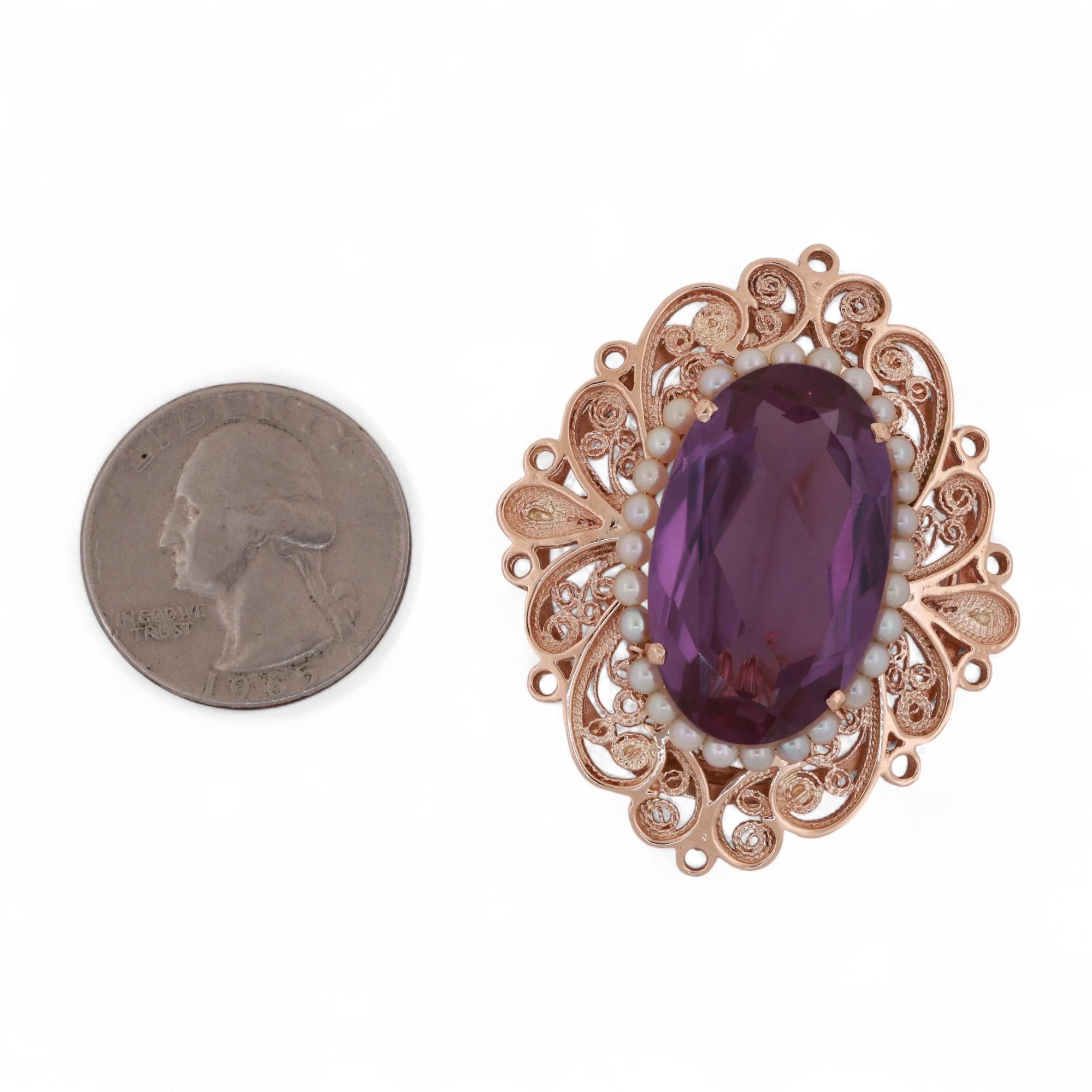 Vintage Alexandrite Pearl Gemstone Brooch Pin Pendant 14K Gold Lab Grown 1.95"