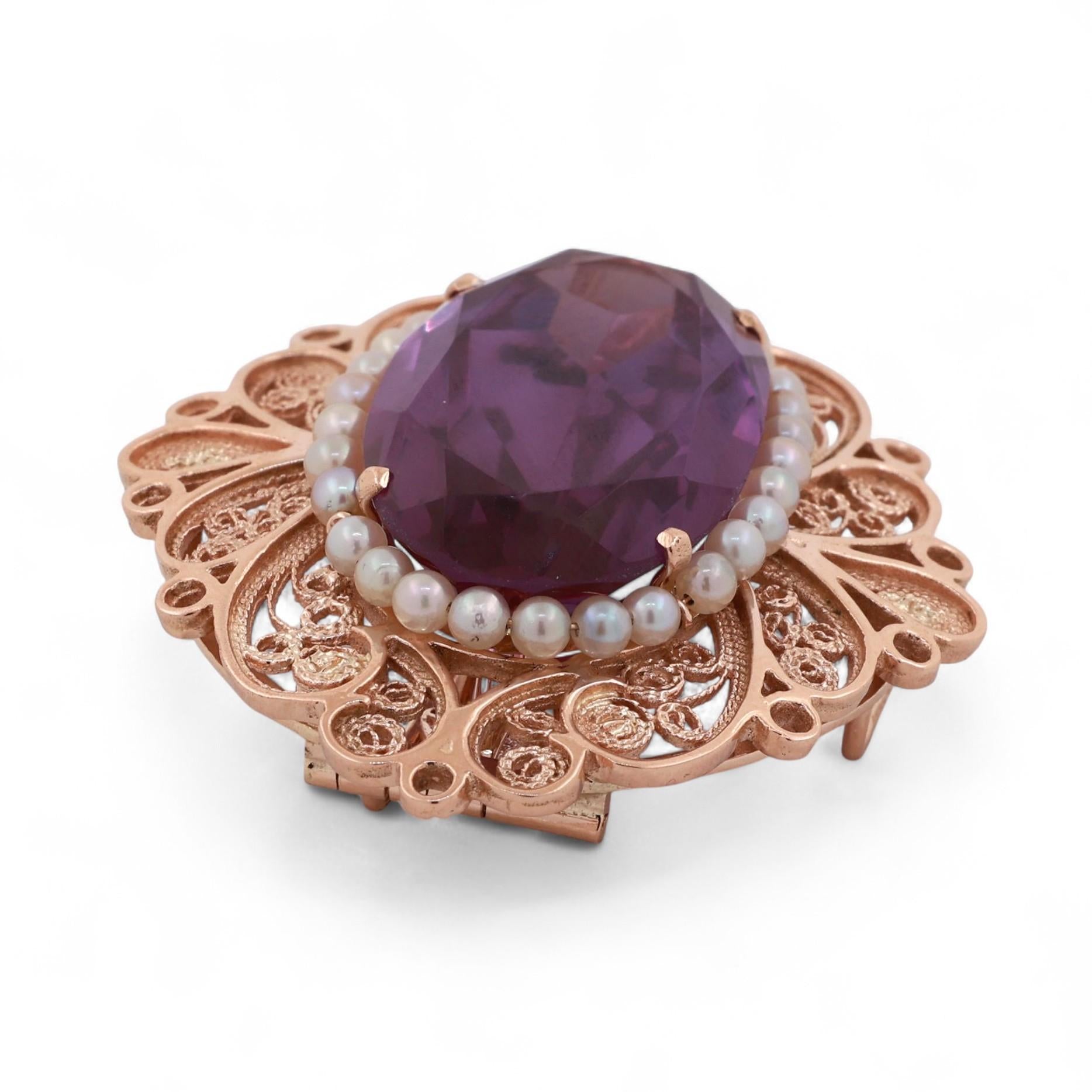 Vintage Alexandrite Pearl Gemstone Brooch Pin Pendant 14K Gold Lab Grown 1.95"