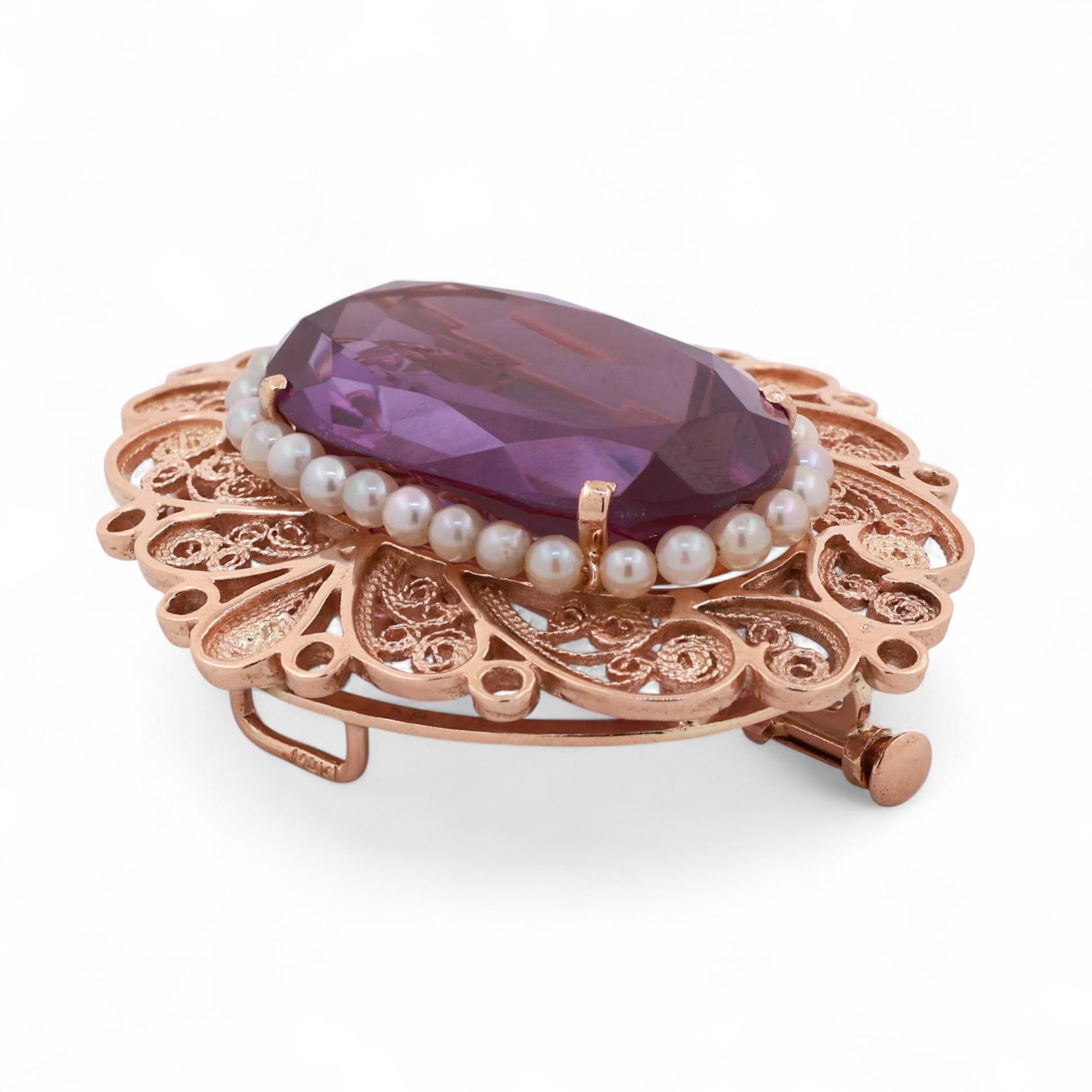 Vintage Alexandrite Pearl Gemstone Brooch Pin Pendant 14K Gold Lab Grown 1.95"
