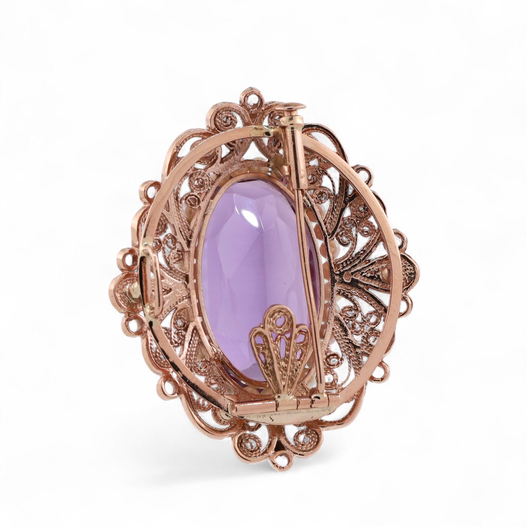Vintage Alexandrite Pearl Gemstone Brooch Pin Pendant 14K Gold Lab Grown 1.95"
