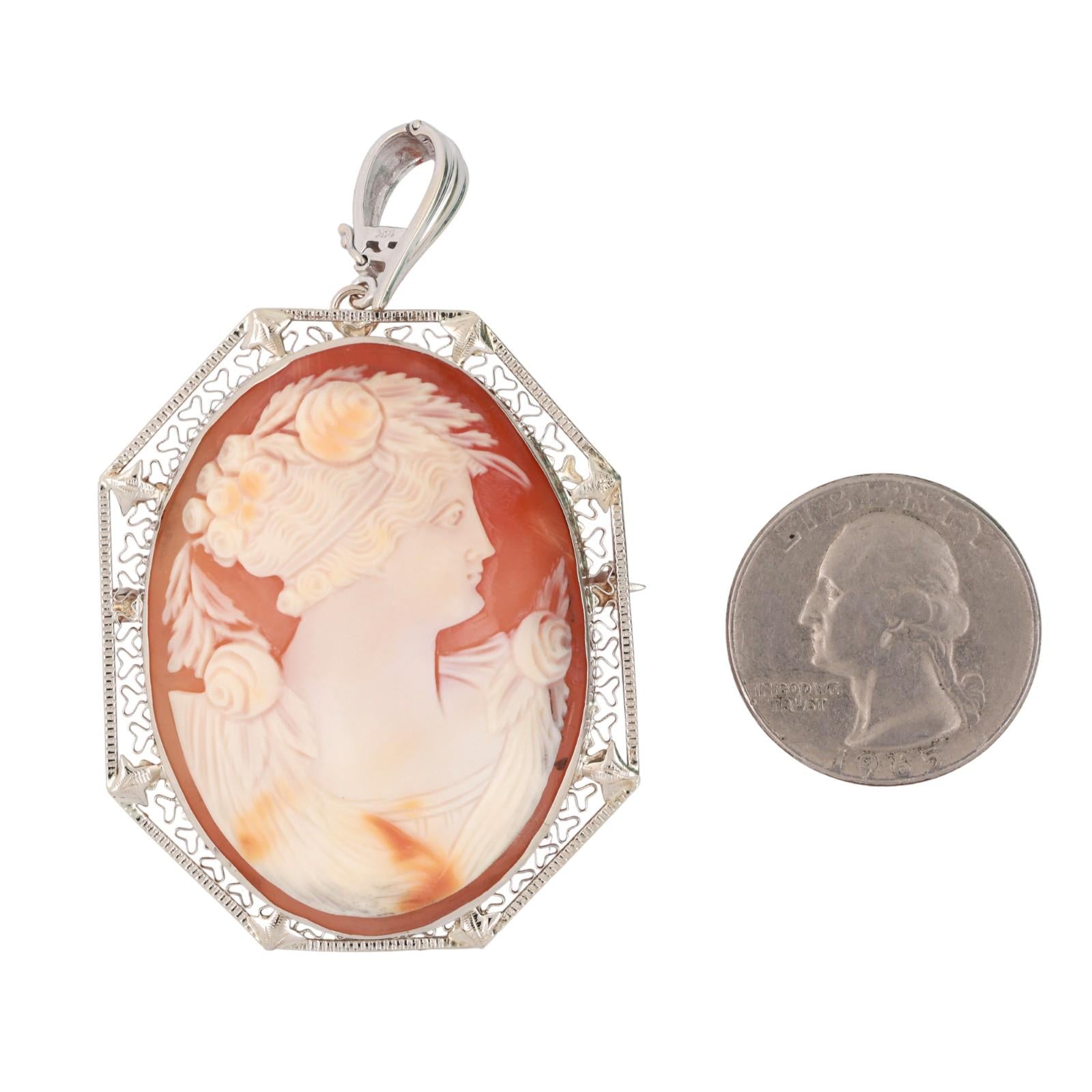 Vintage Cameo Brooch Pin Pendant White Gold Filigree Frame 2.55" Ladies