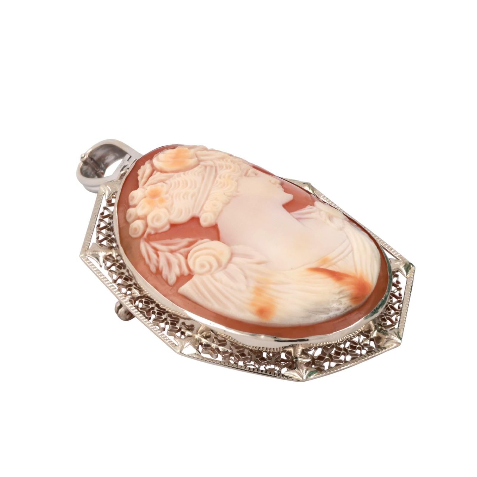 Vintage Cameo Brooch Pin Pendant White Gold Filigree Frame 2.55" Ladies