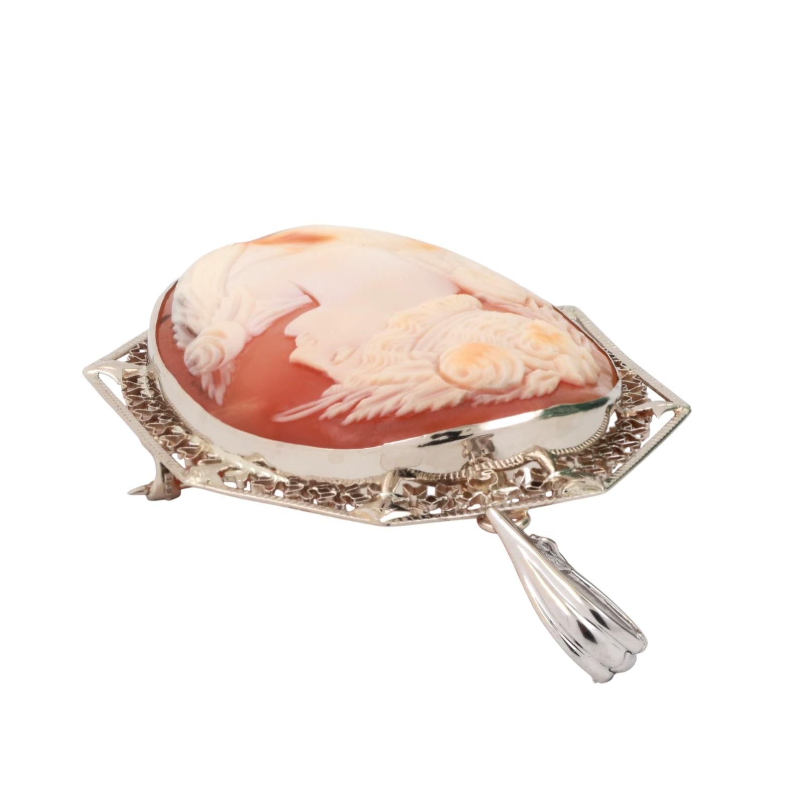 Vintage Cameo Brooch Pin Pendant White Gold Filigree Frame 2.55" Ladies