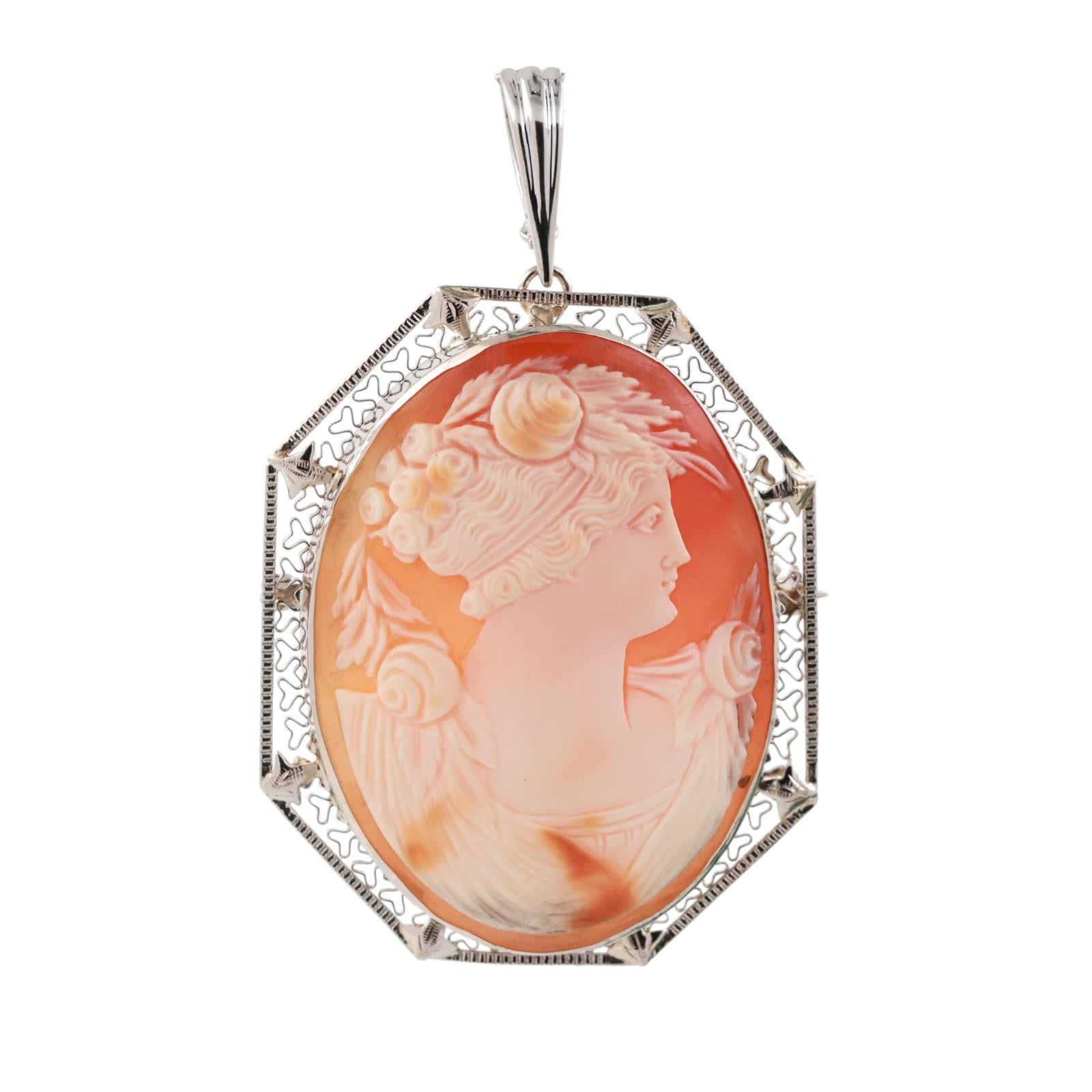 Vintage Cameo Brooch Pin Pendant White Gold Filigree Frame 2.55" Ladies