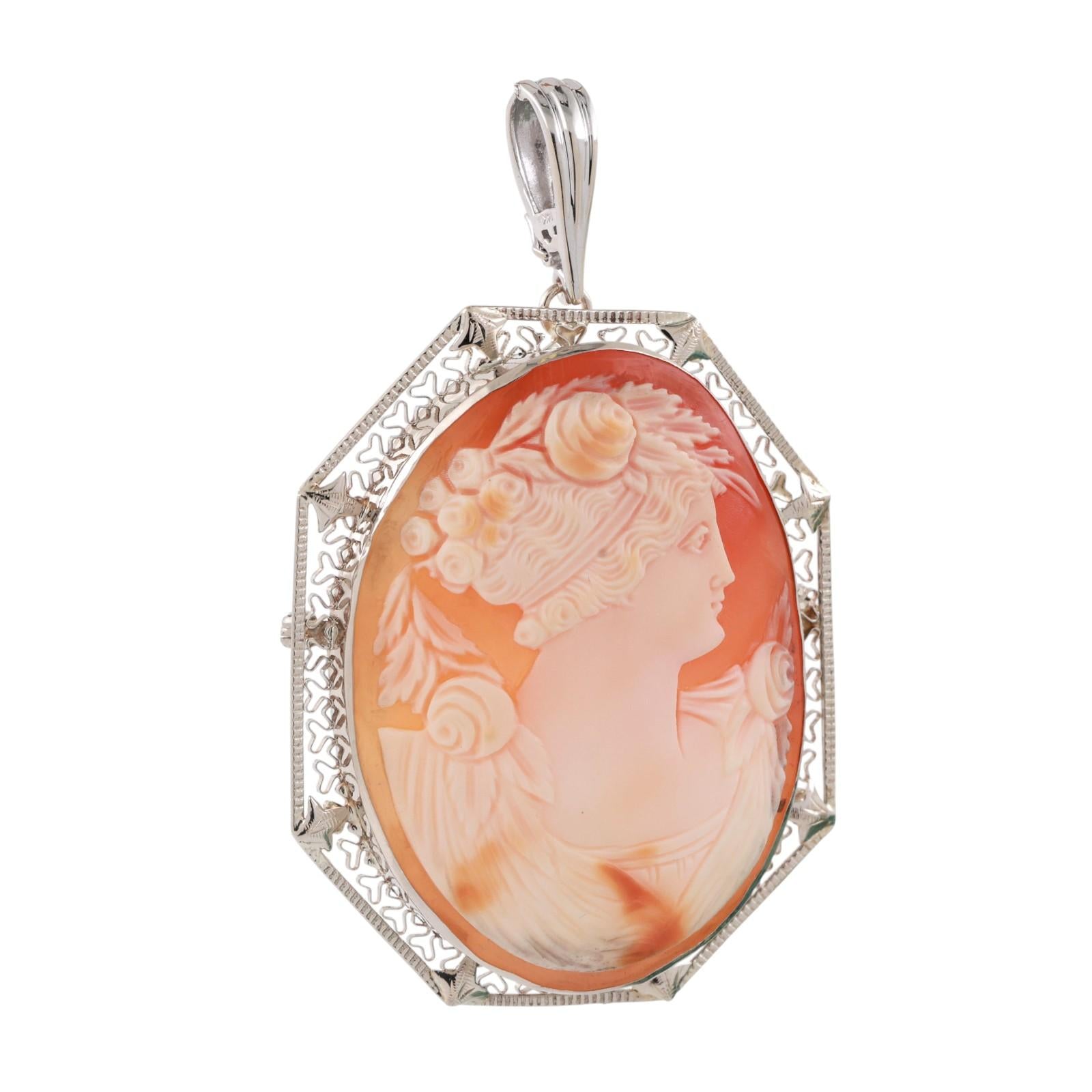 Vintage Cameo Brooch Pin Pendant White Gold Filigree Frame 2.55" Ladies