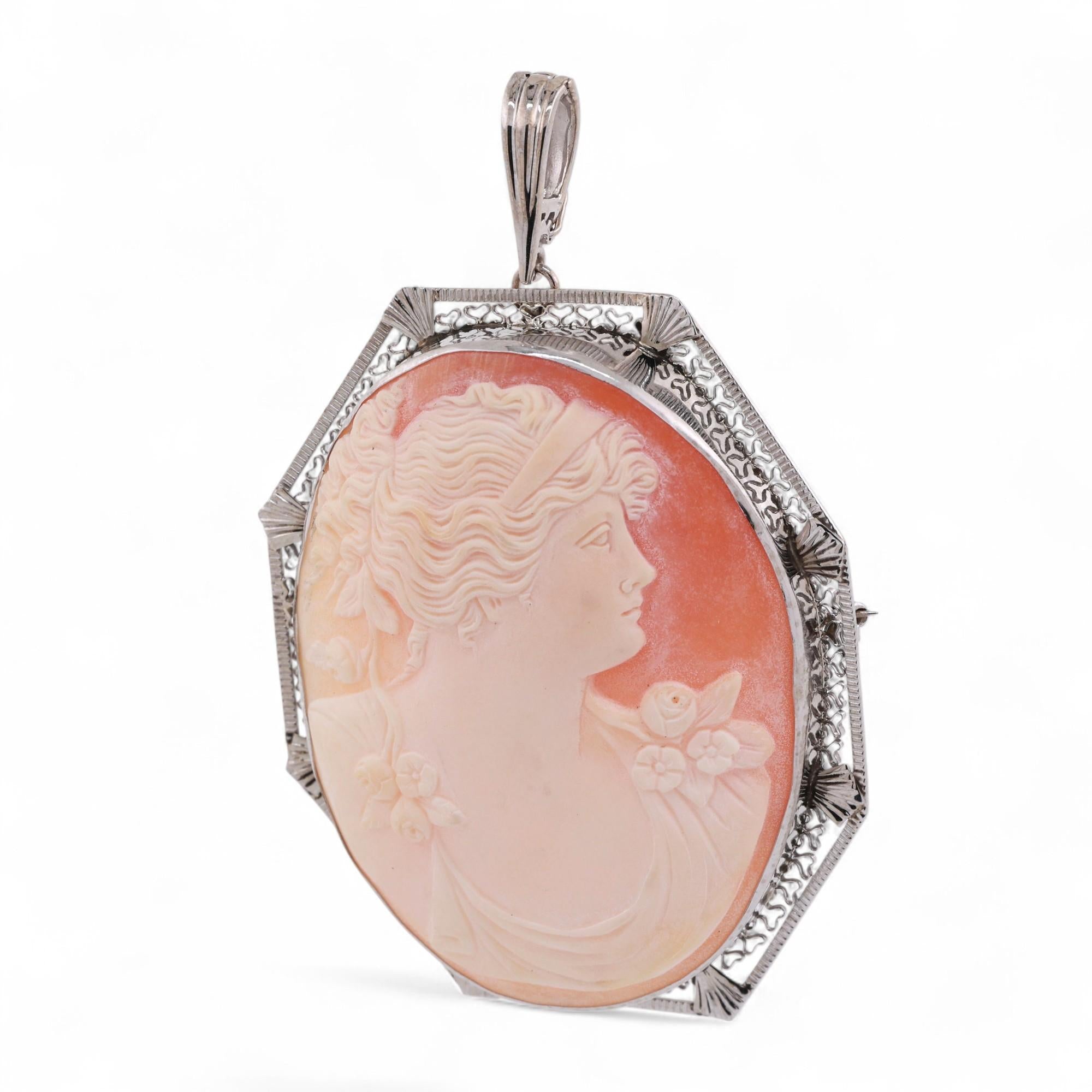 Large Cameo Brooch Pin Pendant 14K White Gold Filigree Frame Vintage 2.90"