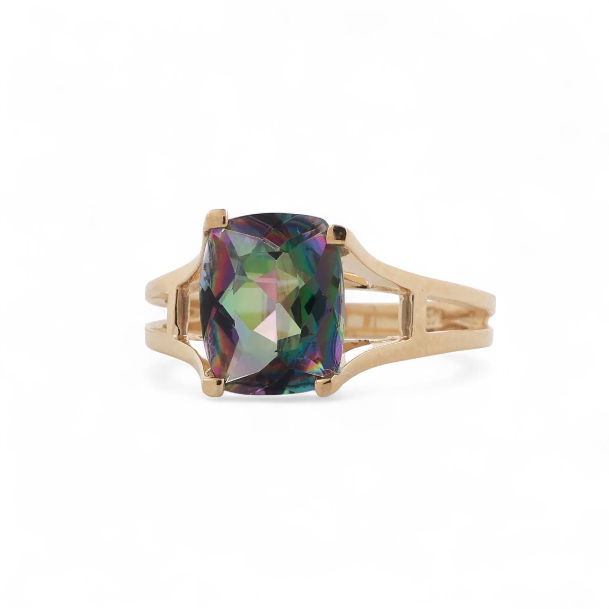 Solitaire Mystic Topaz Gemstone Ring 14K Yellow Gold 3.55 CT Size 7.5 Estate