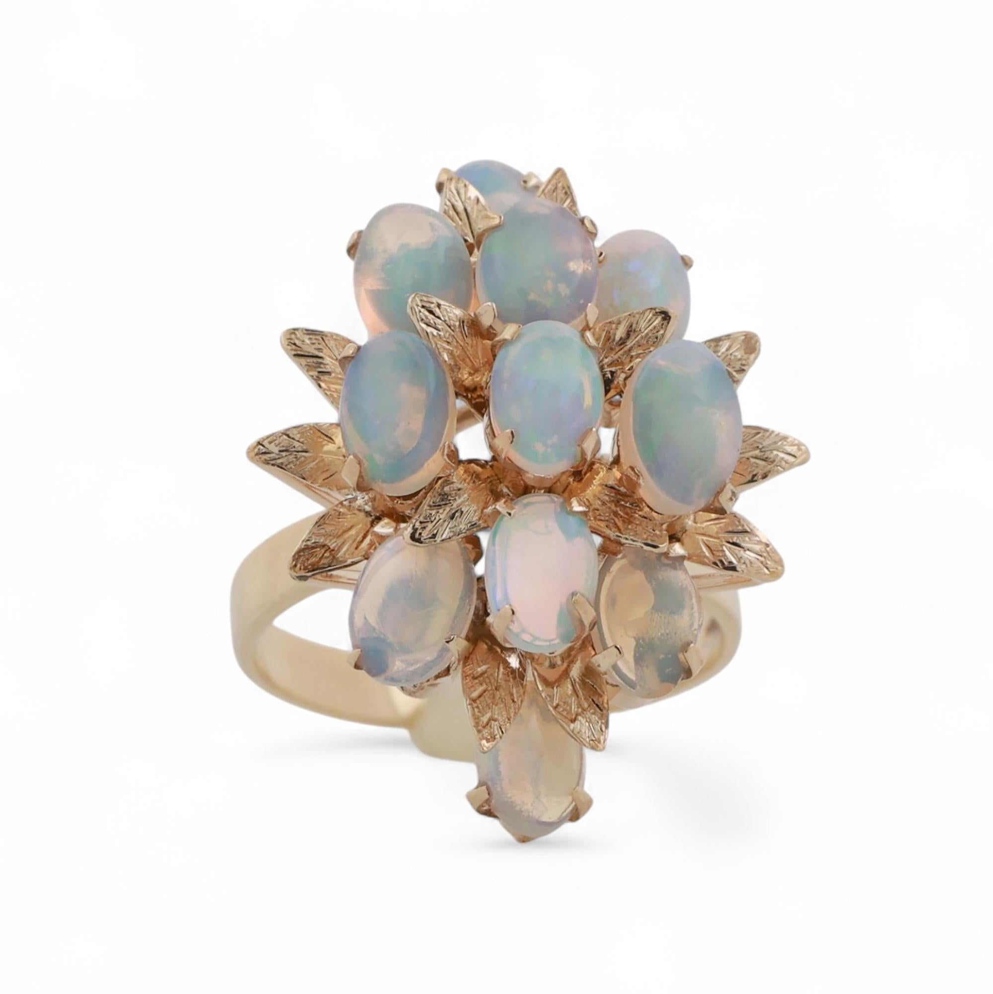 Vintage White Opal Floral Ring 14K Yellow Gold 3.08 CTW Size 7 Ladies Estate