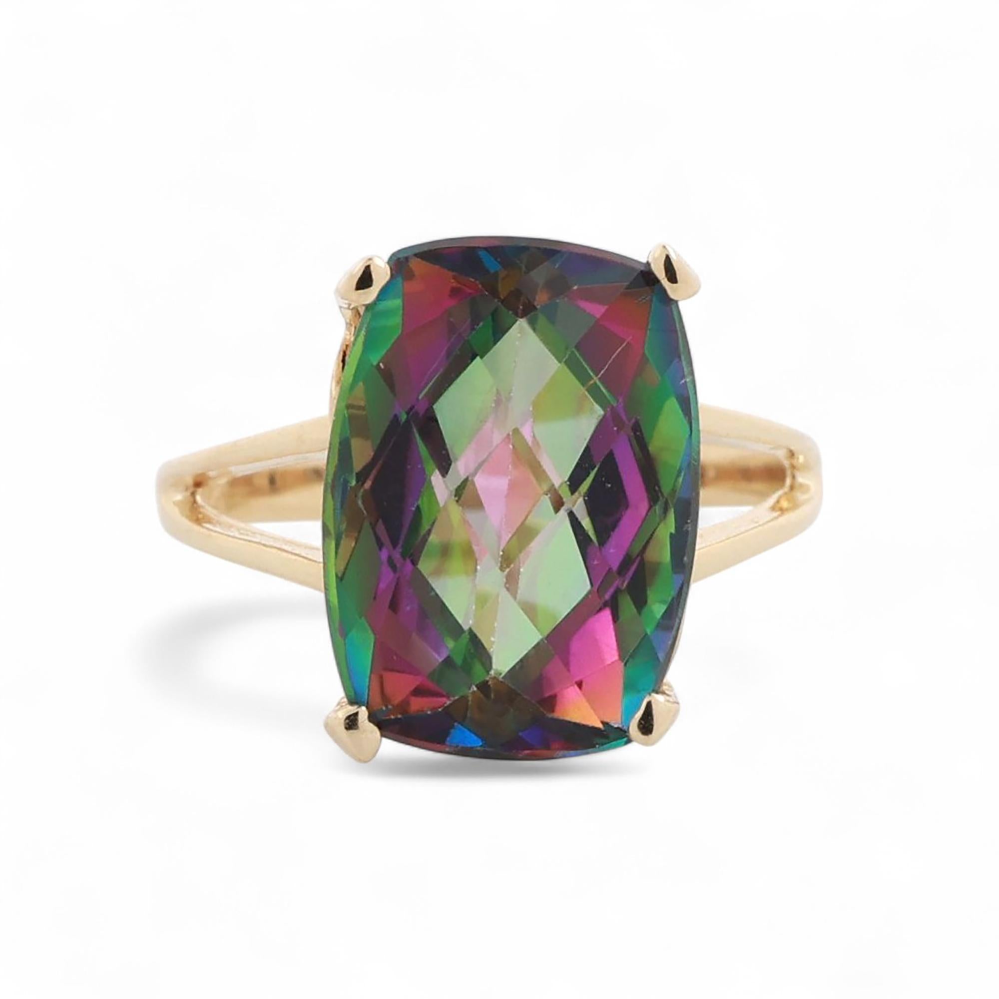 7.70 CT Solitaire Mystic Topaz Gemstone Ring 14K Yellow Gold Size 6.5 Estate