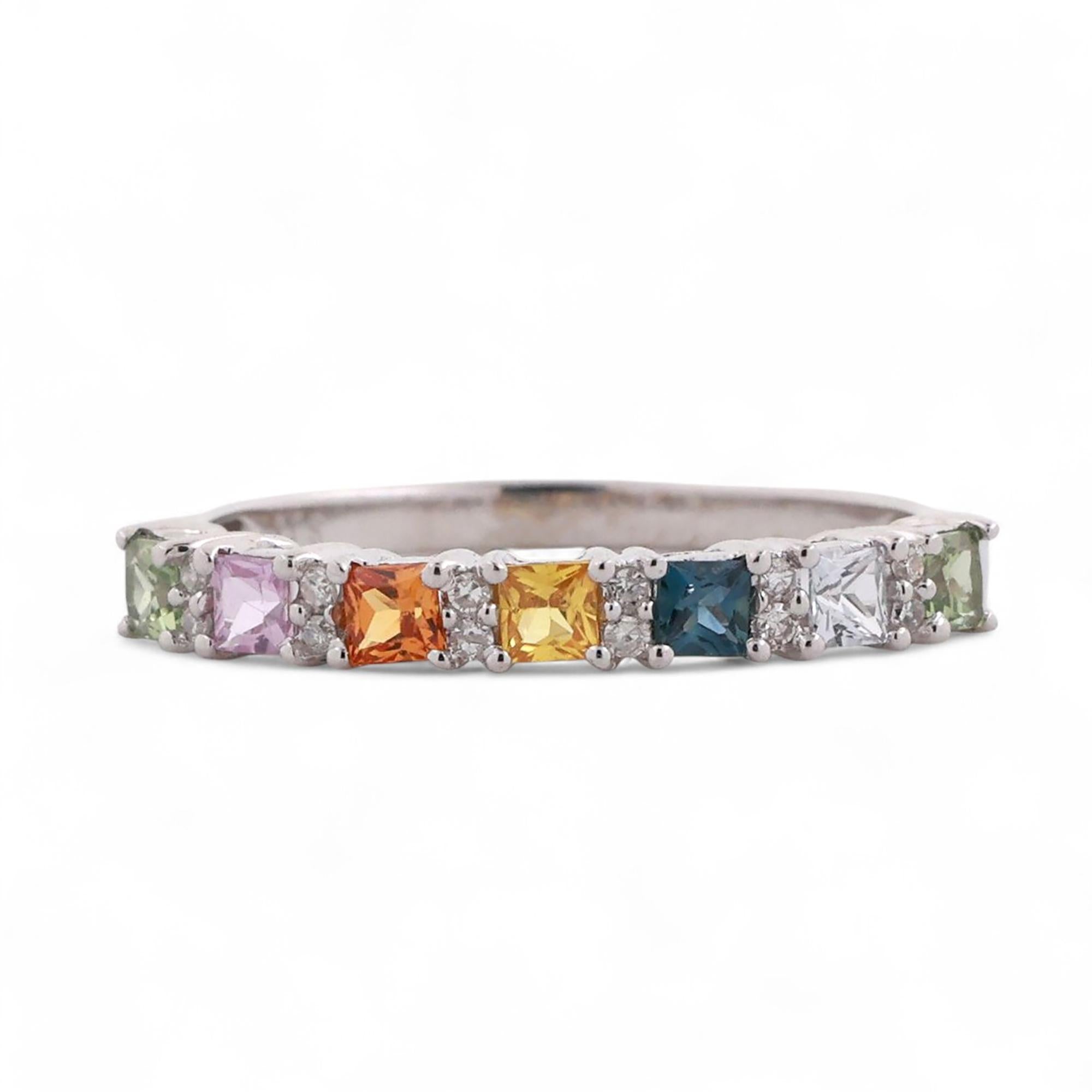 Multi Color Sapphire Diamond Half Eternity Band Ring 14K White Gold Size 8.25