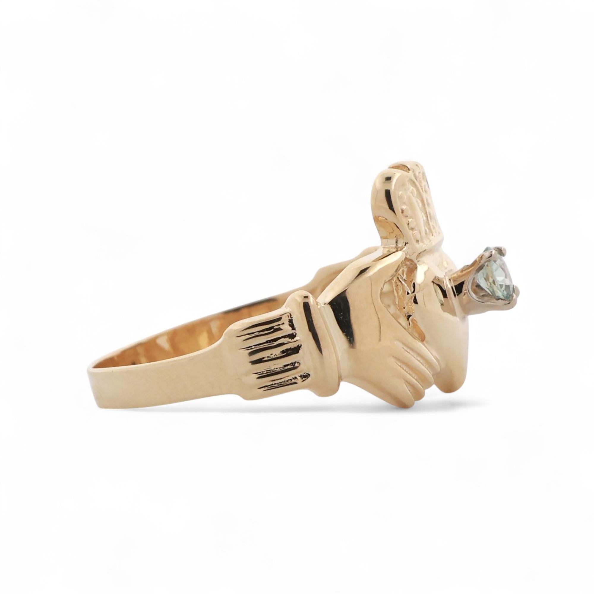 Claddagh Aquamarine Ring 14K Yellow Gold 0.12 CT Size 8.75 Vintage Estate