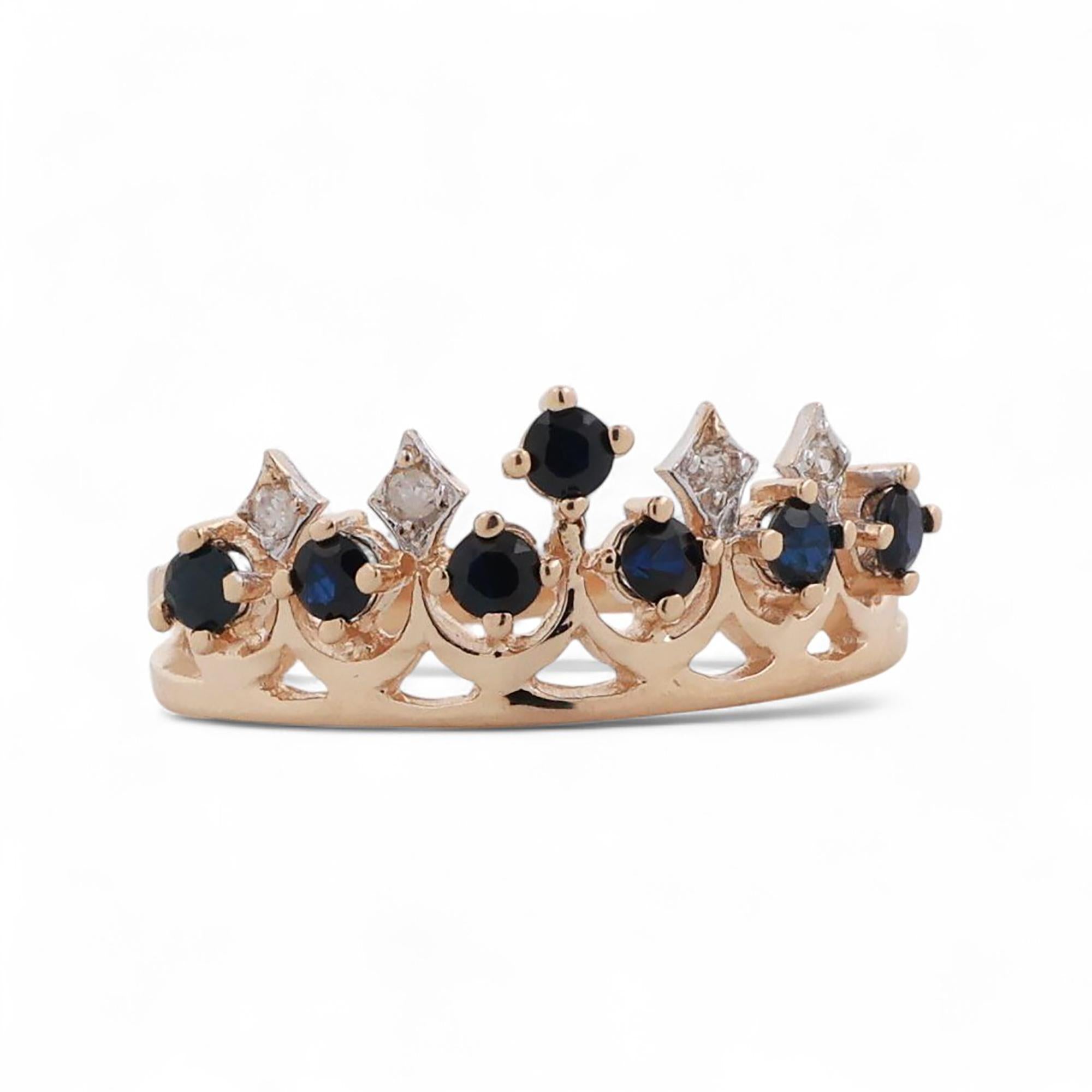 Blue Sapphire Diamond Crown Band Ring 14K Yellow Gold 0.40 CTW Size 7