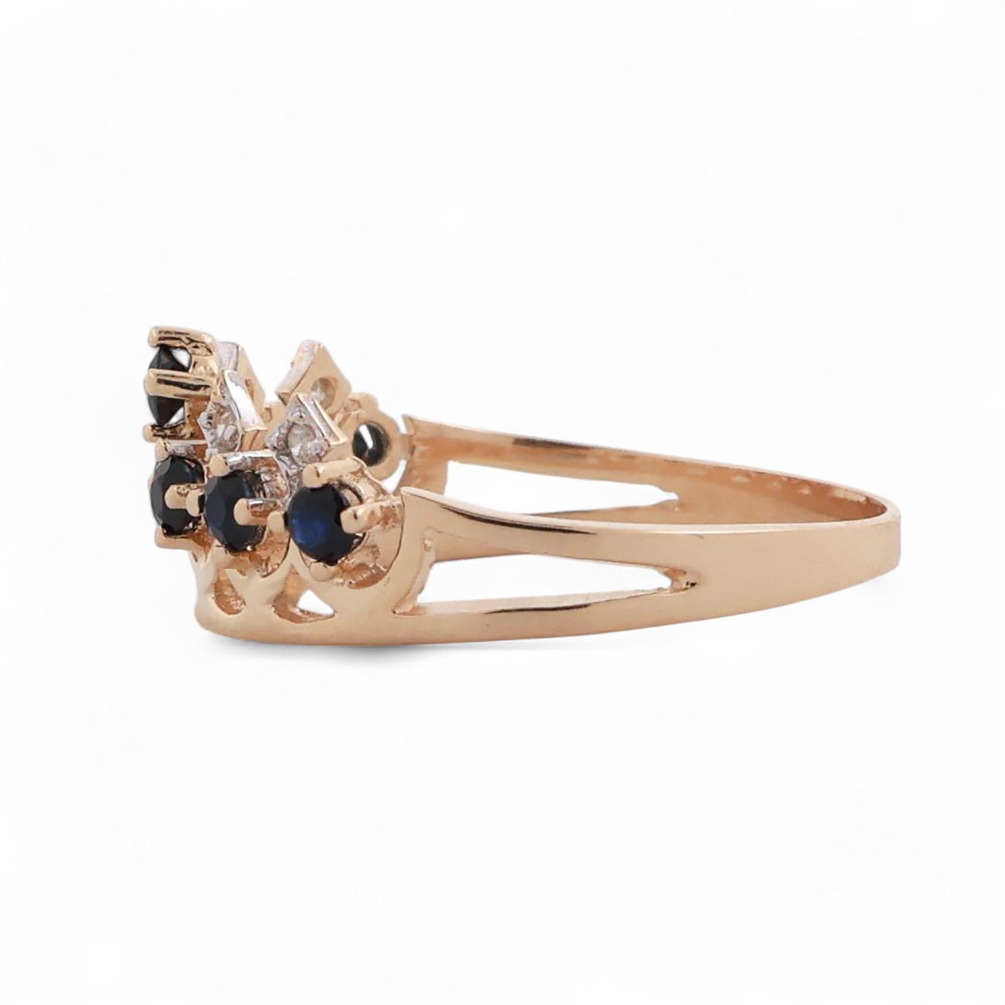 Blue Sapphire Diamond Crown Band Ring 14K Yellow Gold 0.40 CTW Size 7