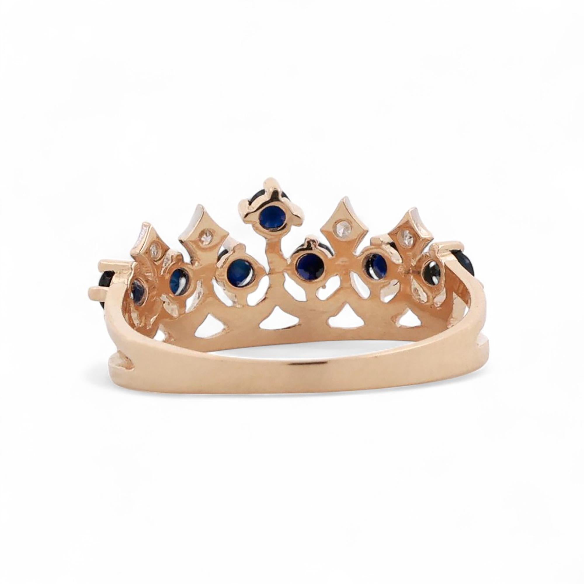 Blue Sapphire Diamond Crown Band Ring 14K Yellow Gold 0.40 CTW Size 7