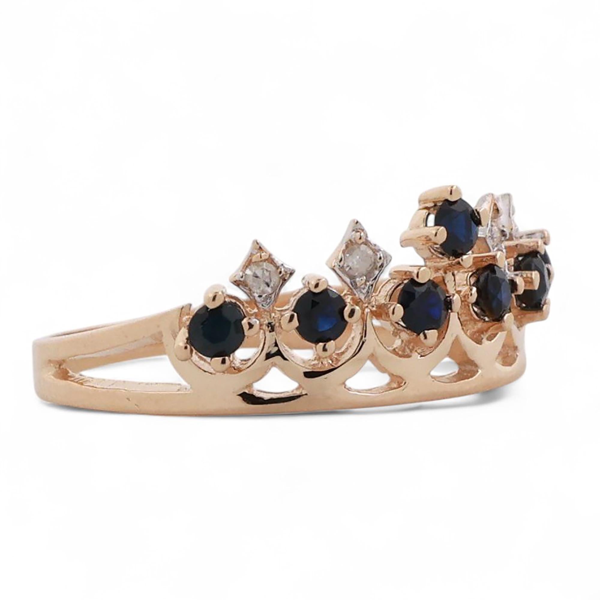 Blue Sapphire Diamond Crown Band Ring 14K Yellow Gold 0.40 CTW Size 7
