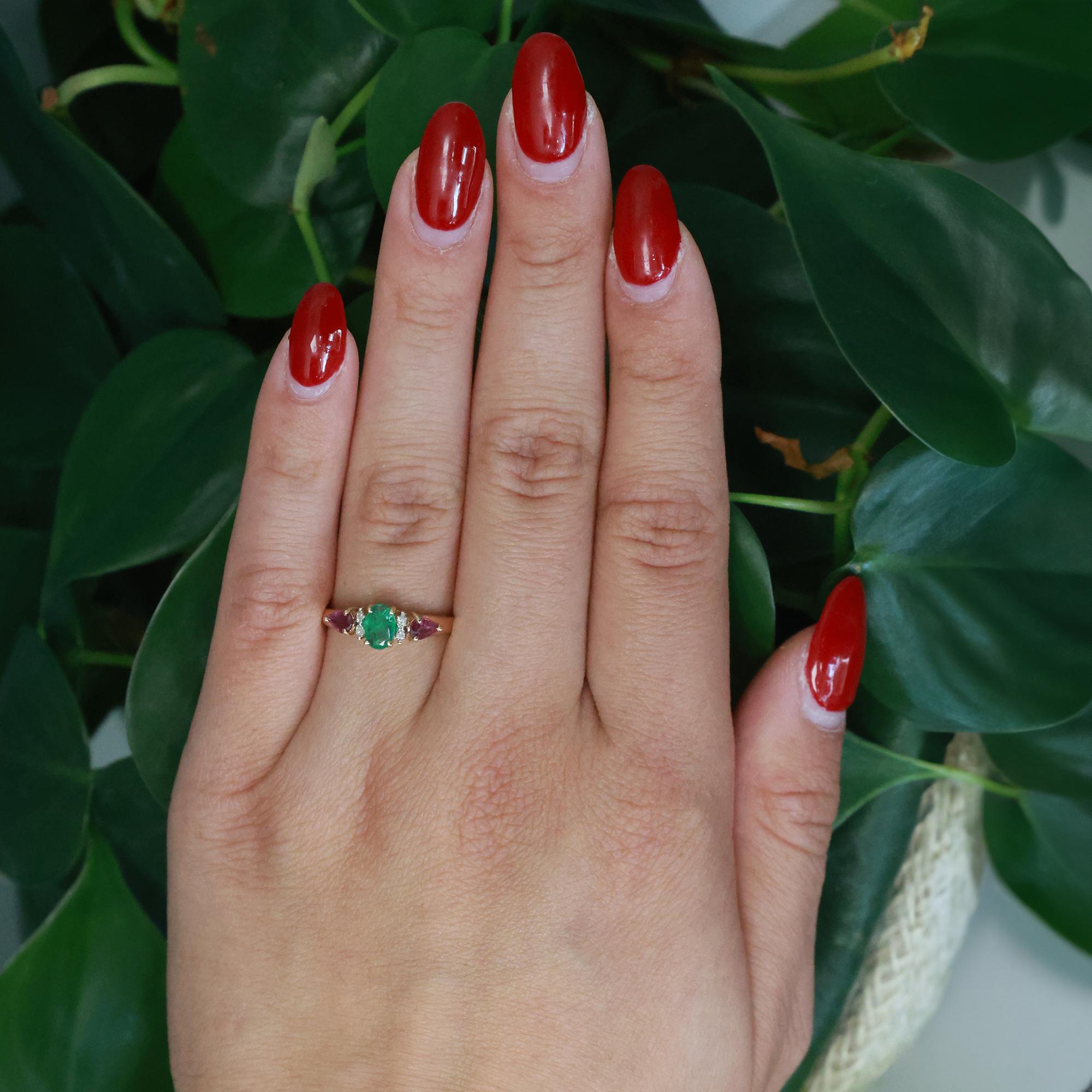 Ruby Emerald Diamond Band Ring 14K Yellow Gold 0.87 CTW Size 7.25 Estate