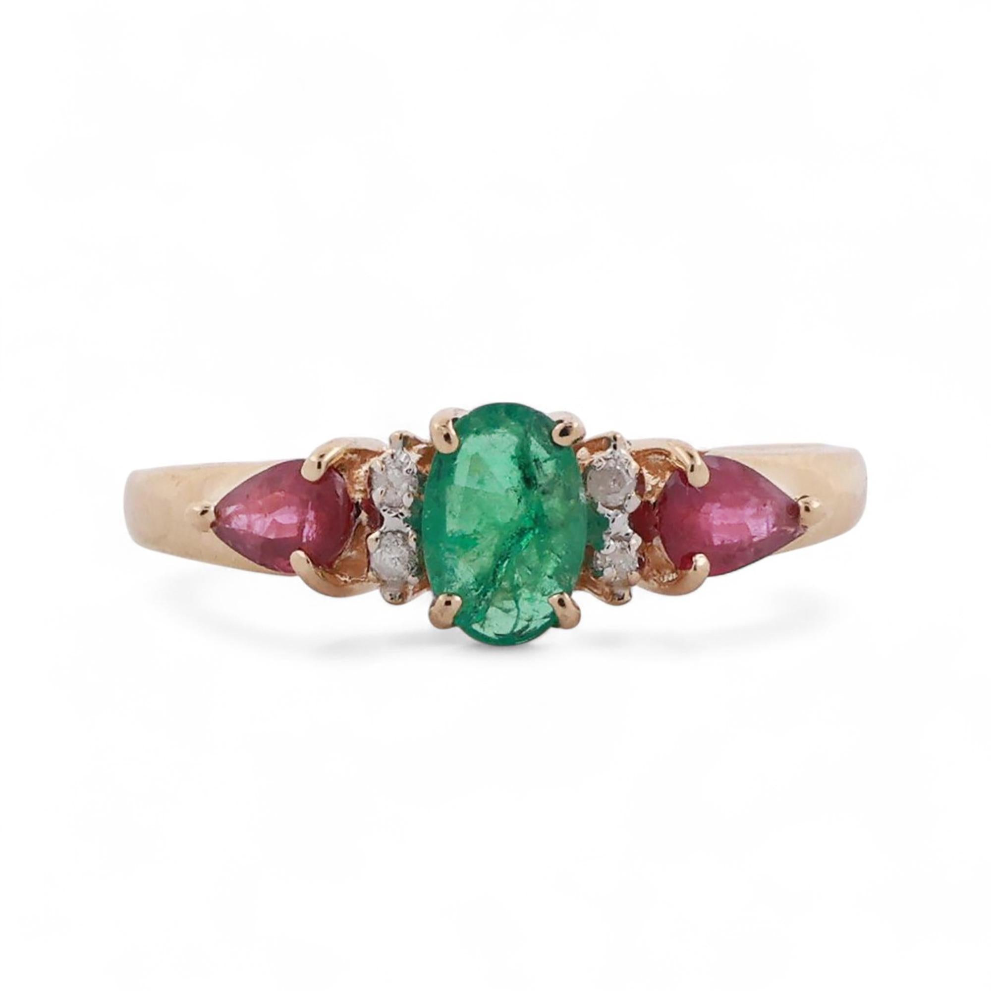 Ruby Emerald Diamond Band Ring 14K Yellow Gold 0.87 CTW Size 7.25 Estate