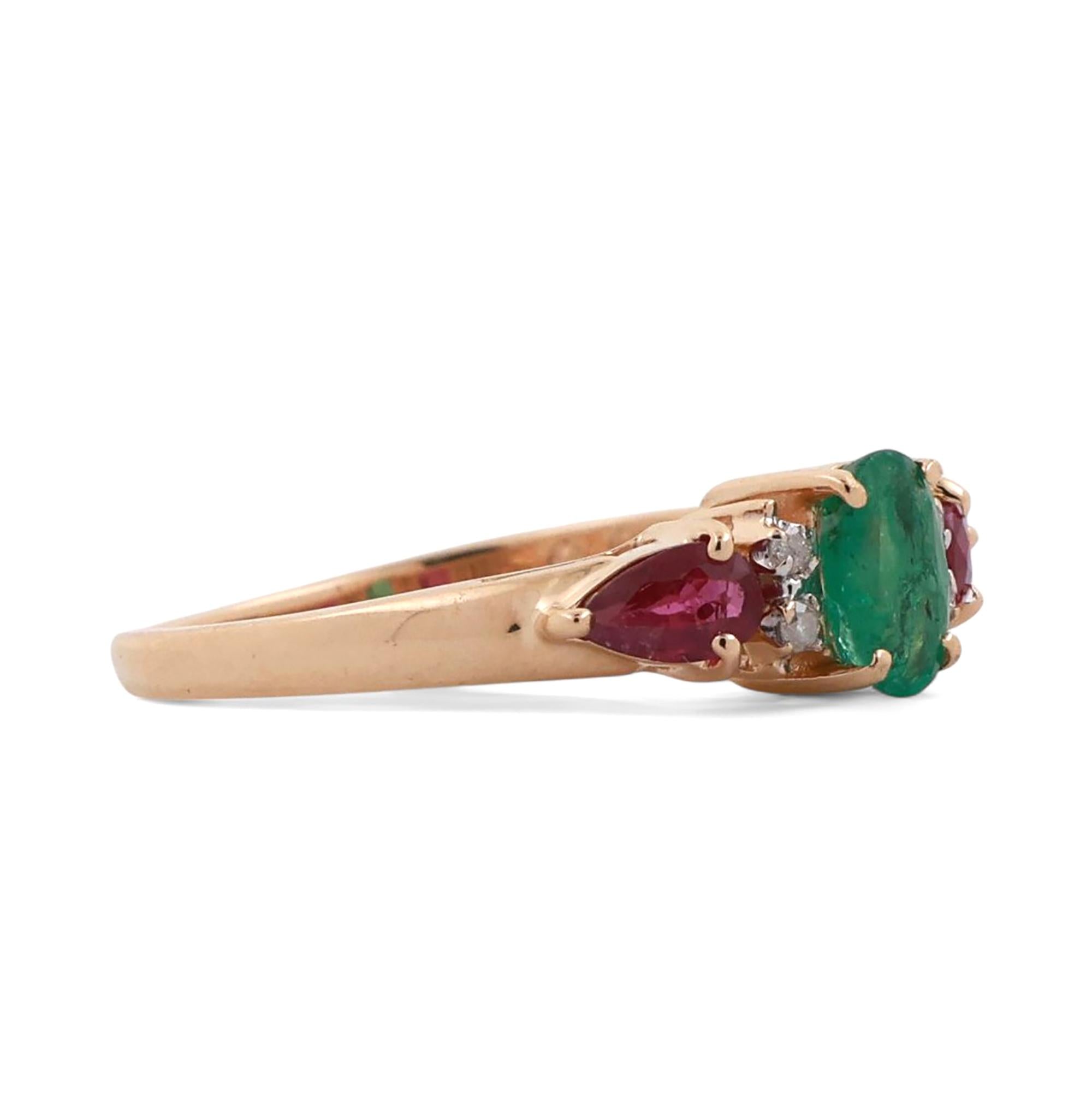 Ruby Emerald Diamond Band Ring 14K Yellow Gold 0.87 CTW Size 7.25 Estate