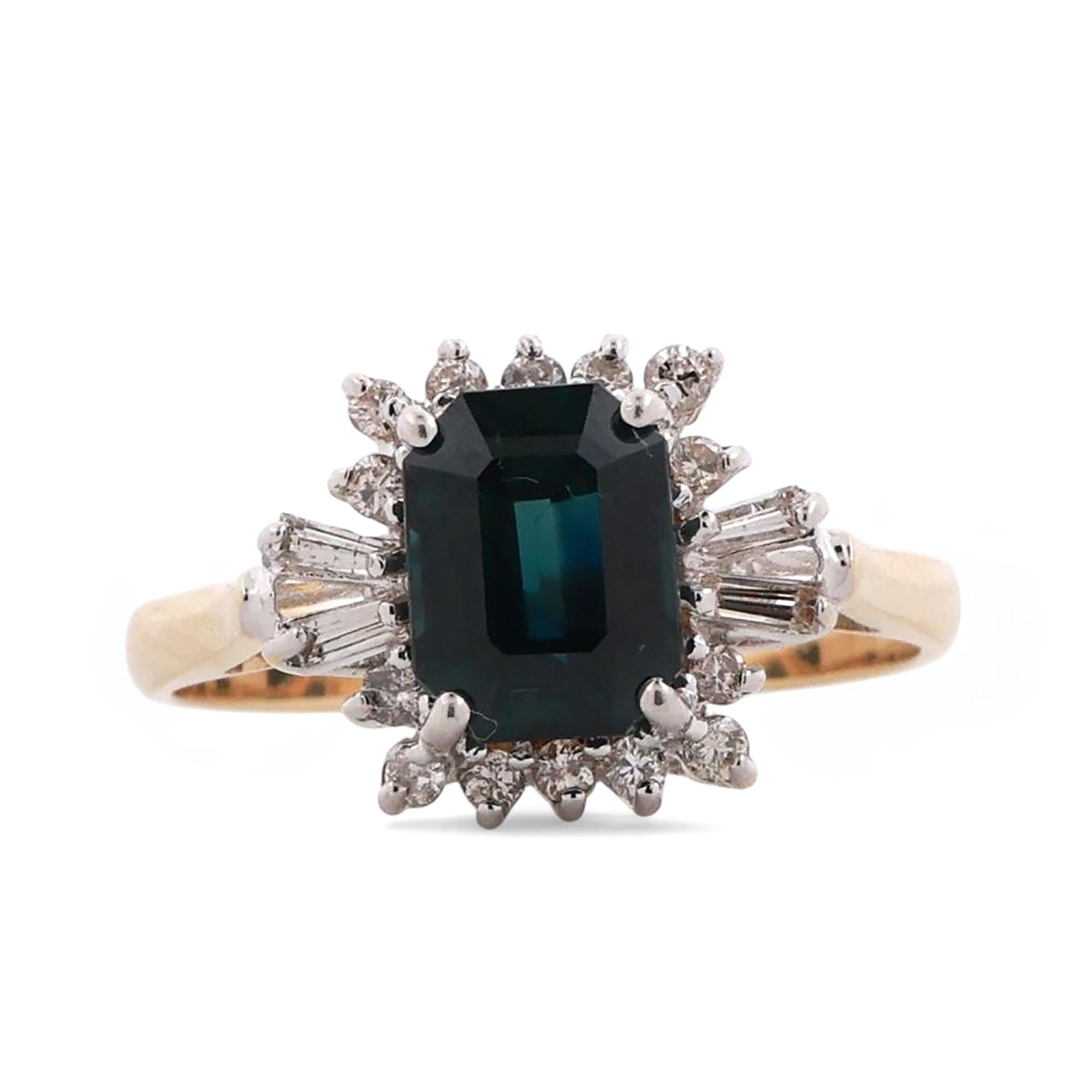 Green Sapphire Halo Diamond Floral Ring 14K Gold 2.15 CTW Emerald Cut Size 7