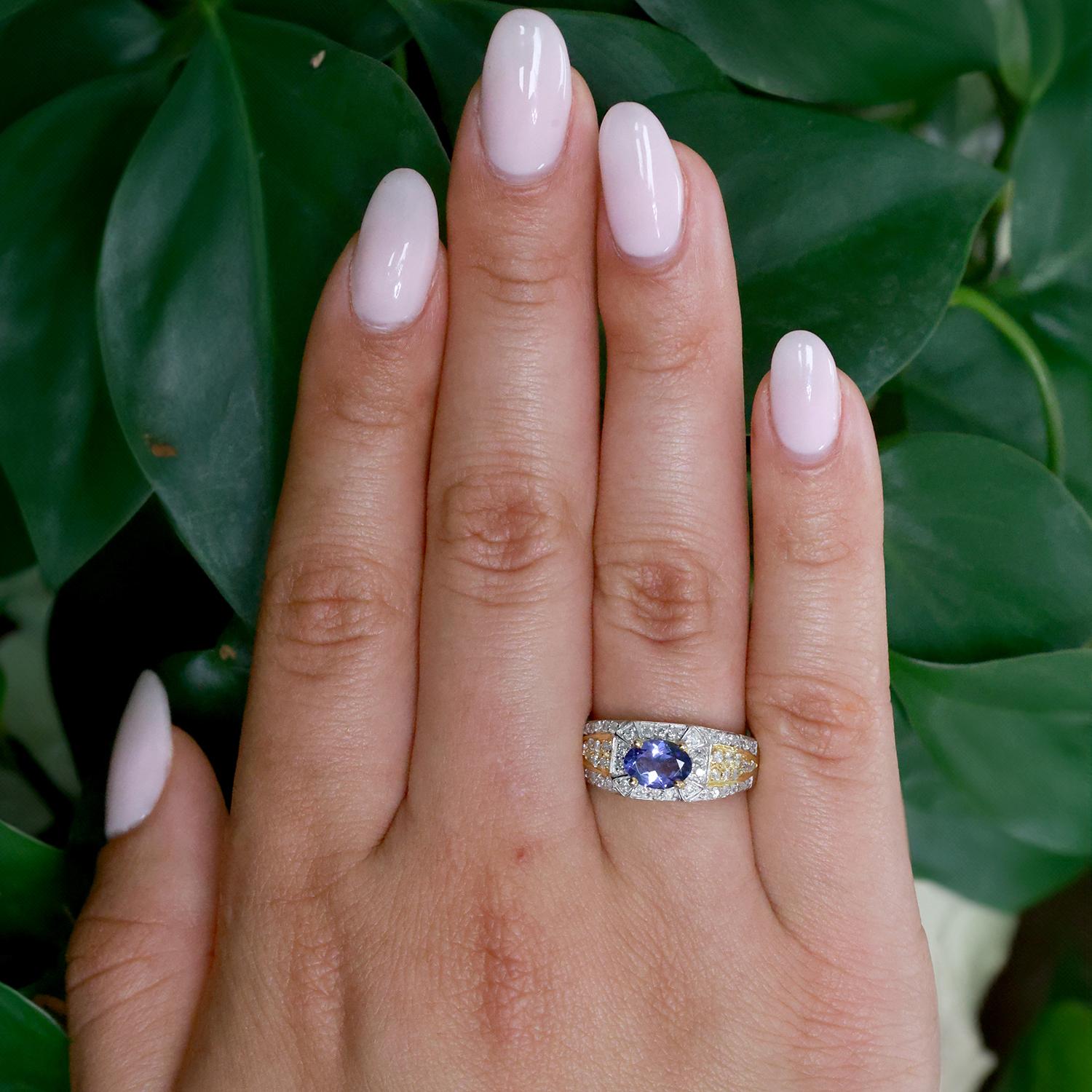 Tanzanite Diamond Cocktail Ring 14K Gold 1.60 CTW Size 7 Ladies Estate