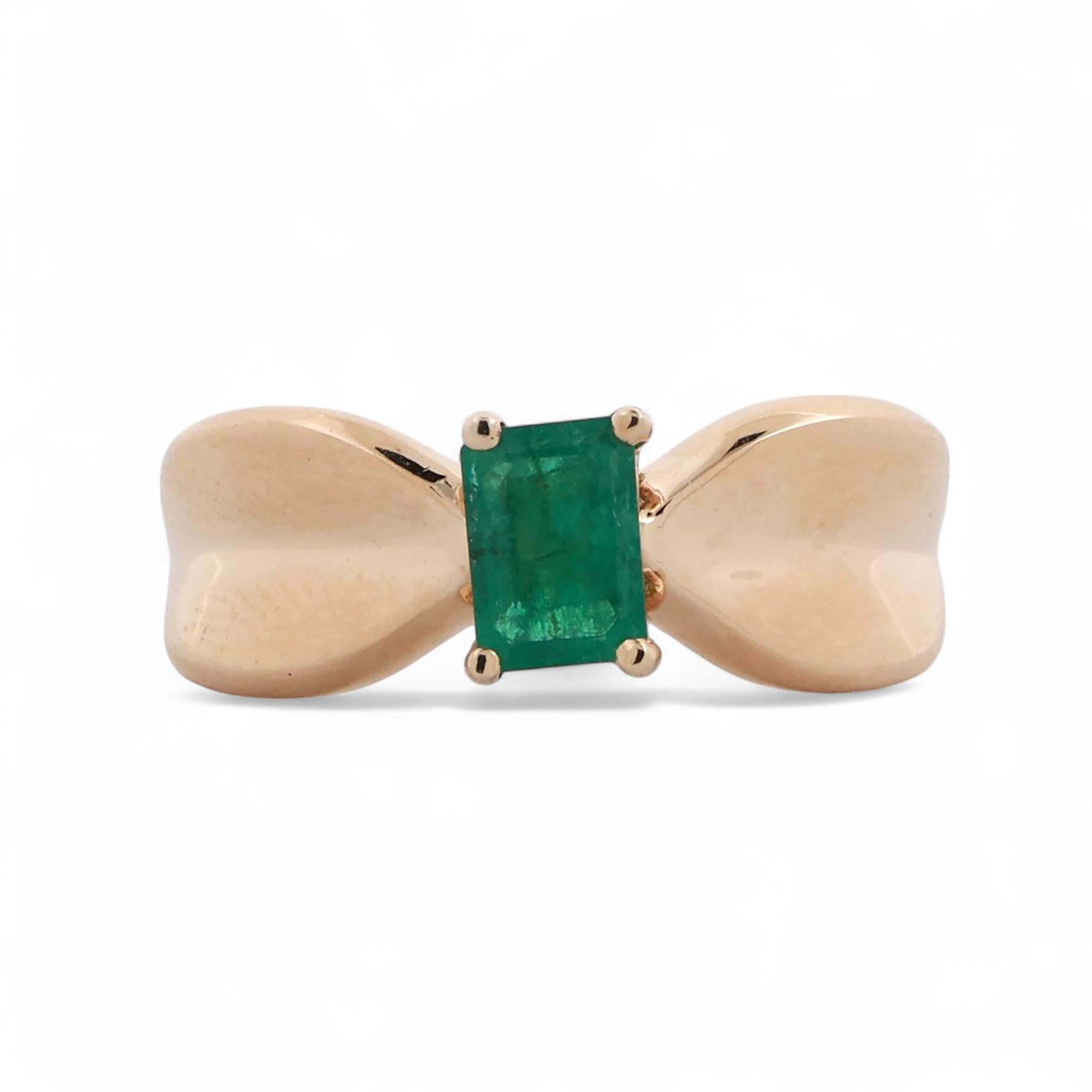 Solitaire Emerald Bow Ring 14K Yellow Gold 0.58 CT Size 7 Ladies Estate