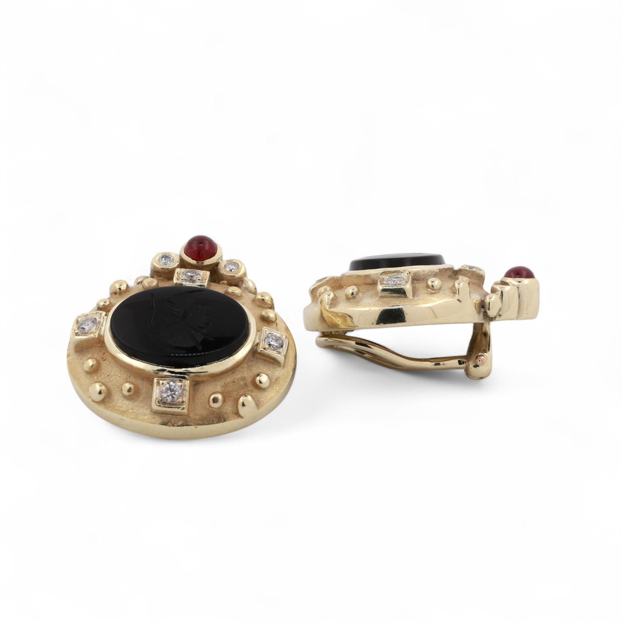 Intaglio Black Onyx Ruby Diamond Earrings Clip On 14K Yellow Gold 0.90" Ladies