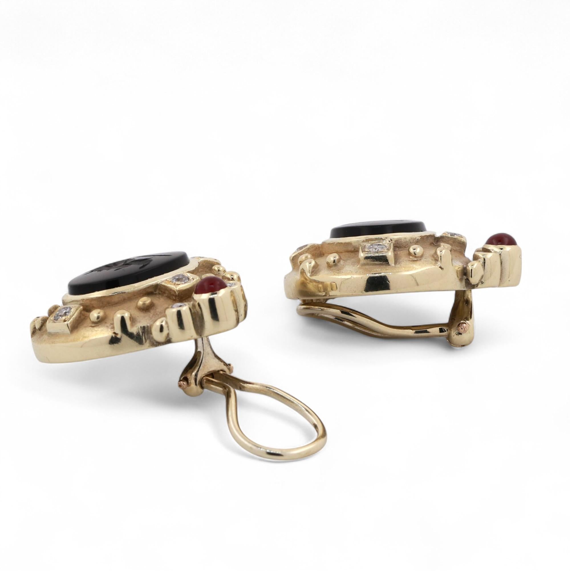 Intaglio Black Onyx Ruby Diamond Earrings Clip On 14K Yellow Gold 0.90" Ladies