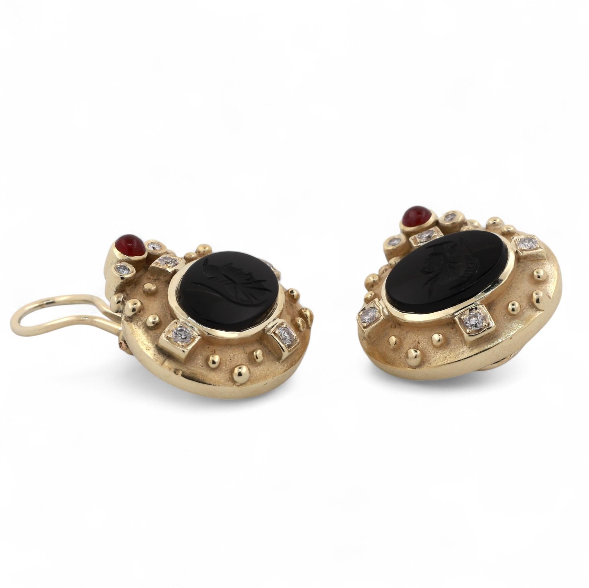 Intaglio Black Onyx Ruby Diamond Earrings Clip On 14K Yellow Gold 0.90" Ladies