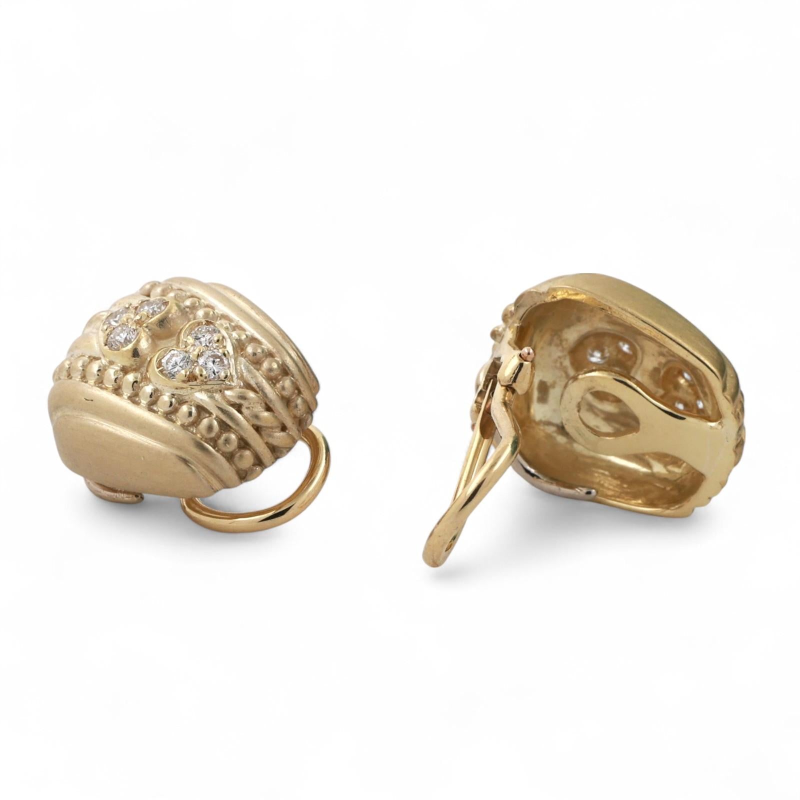Judith Ripka Diamond Heart Earrings Clip On Omega Backs 18K Yellow Gold 0.65"