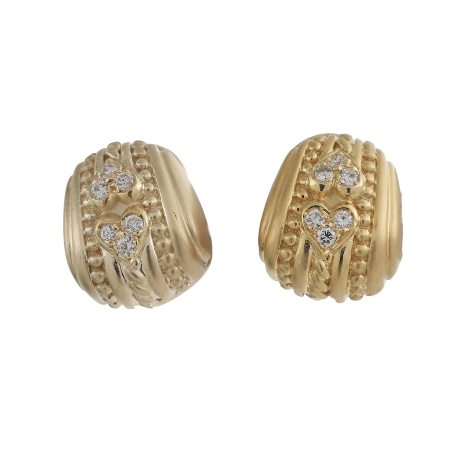 Judith Ripka Diamond Heart Earrings Clip On Omega Backs 18K Yellow Gold 0.65"
