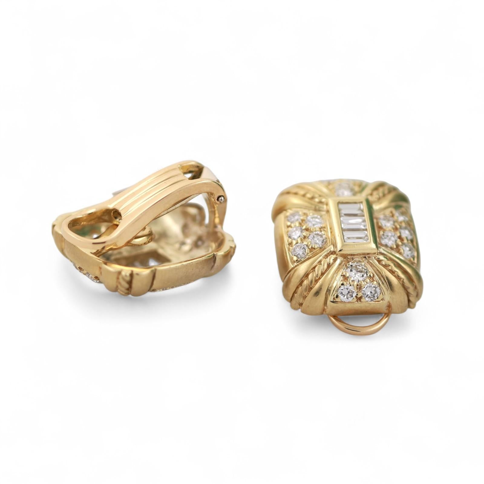 Judith Ripka Diamond Square Clip On Earrings Omega Backs 18K Gold 3.00 TW 0.78"