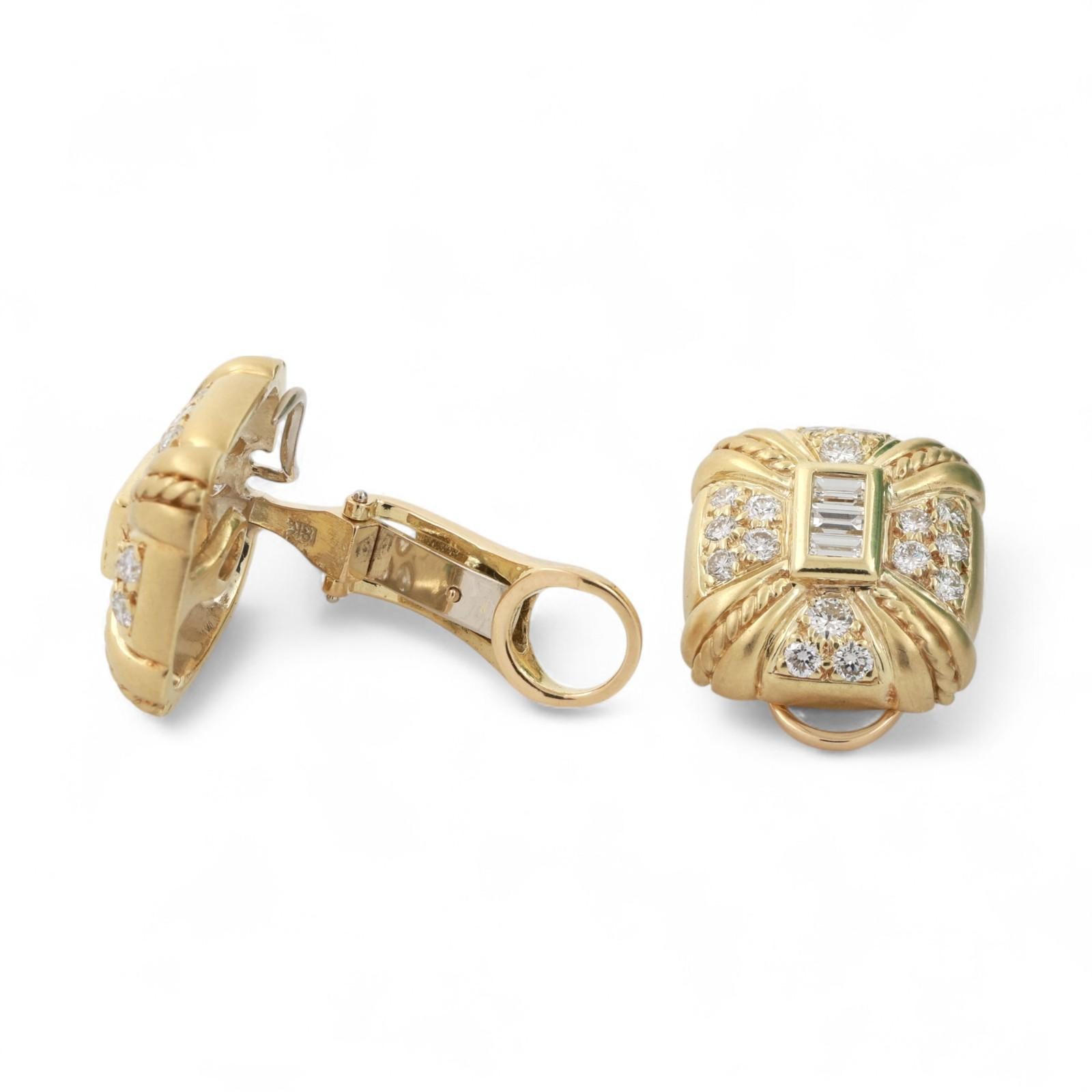 Judith Ripka Diamond Square Clip On Earrings Omega Backs 18K Gold 3.00 TW 0.78"