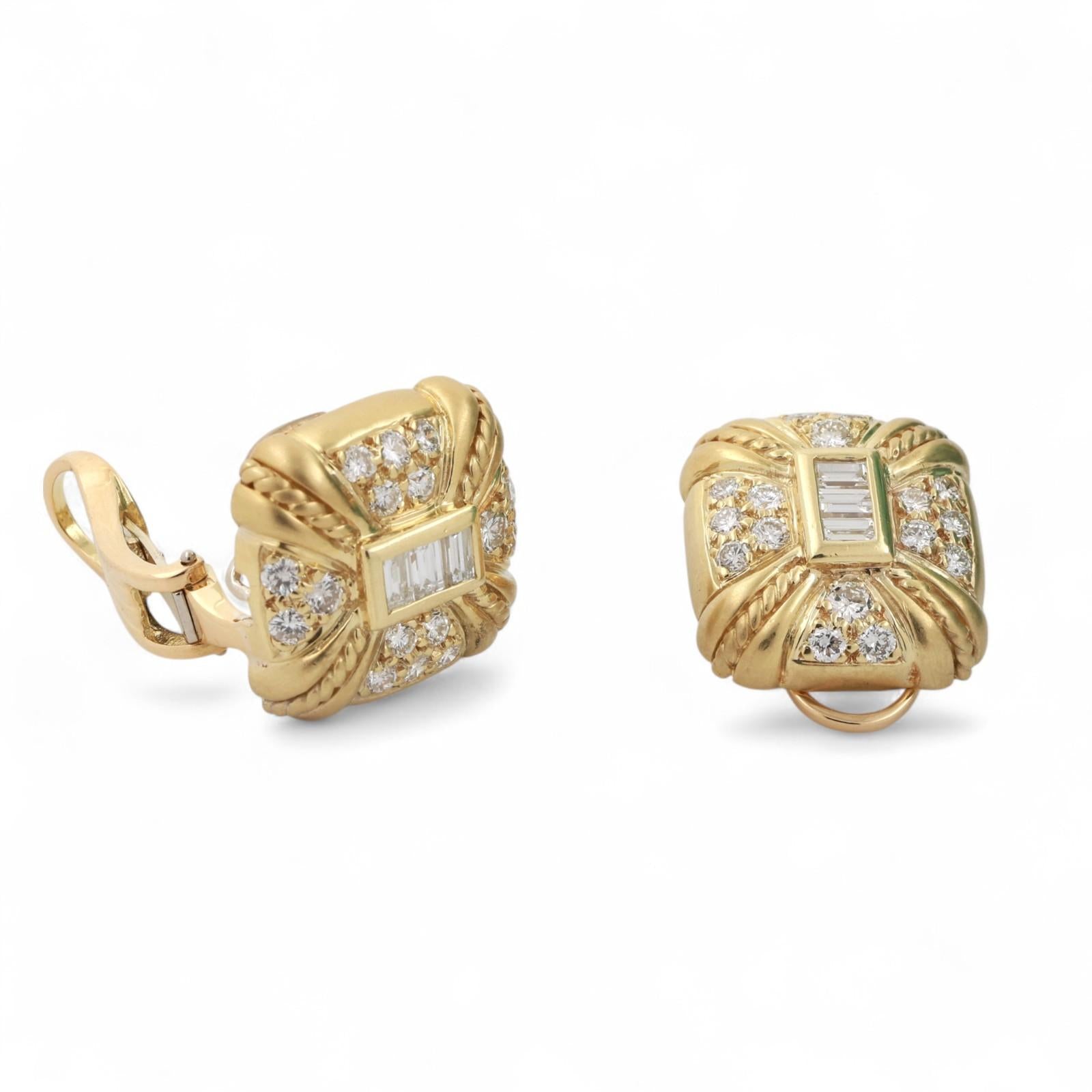 Judith Ripka Diamond Square Clip On Earrings Omega Backs 18K Gold 3.00 TW 0.78"