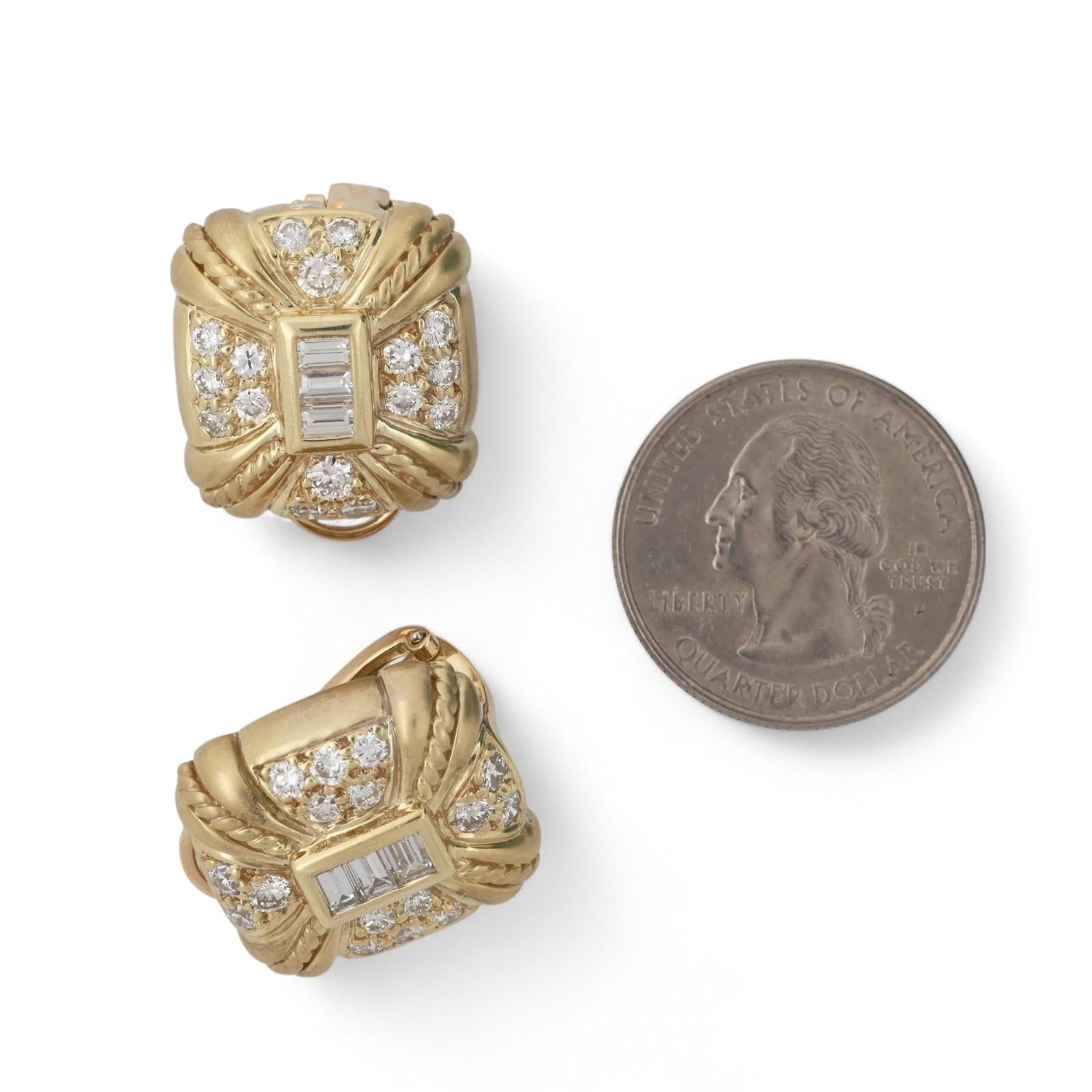Judith Ripka Diamond Square Clip On Earrings Omega Backs 18K Gold 3.00 TW 0.78"