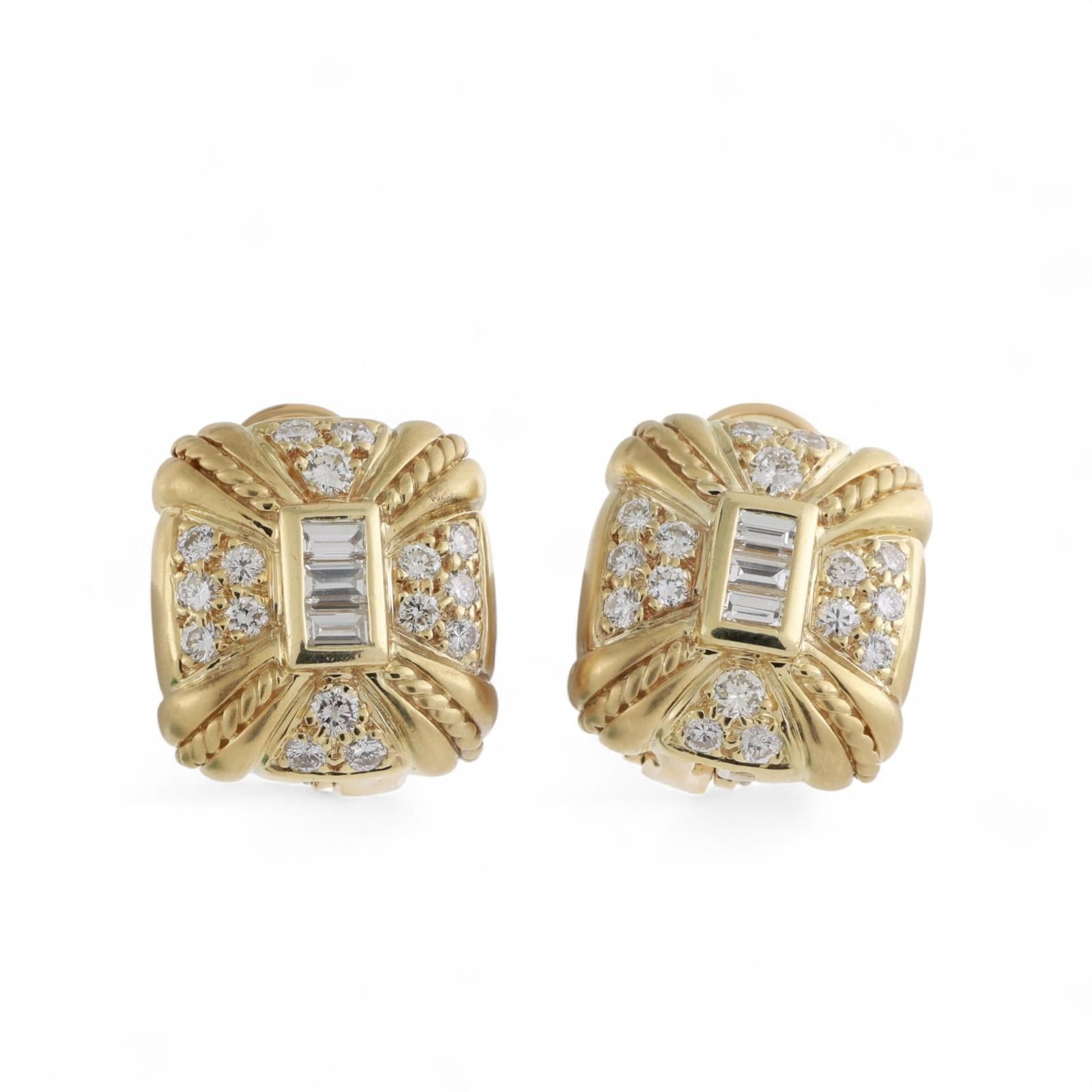 Judith Ripka Diamond Square Clip On Earrings Omega Backs 18K Gold 3.00 TW 0.78"