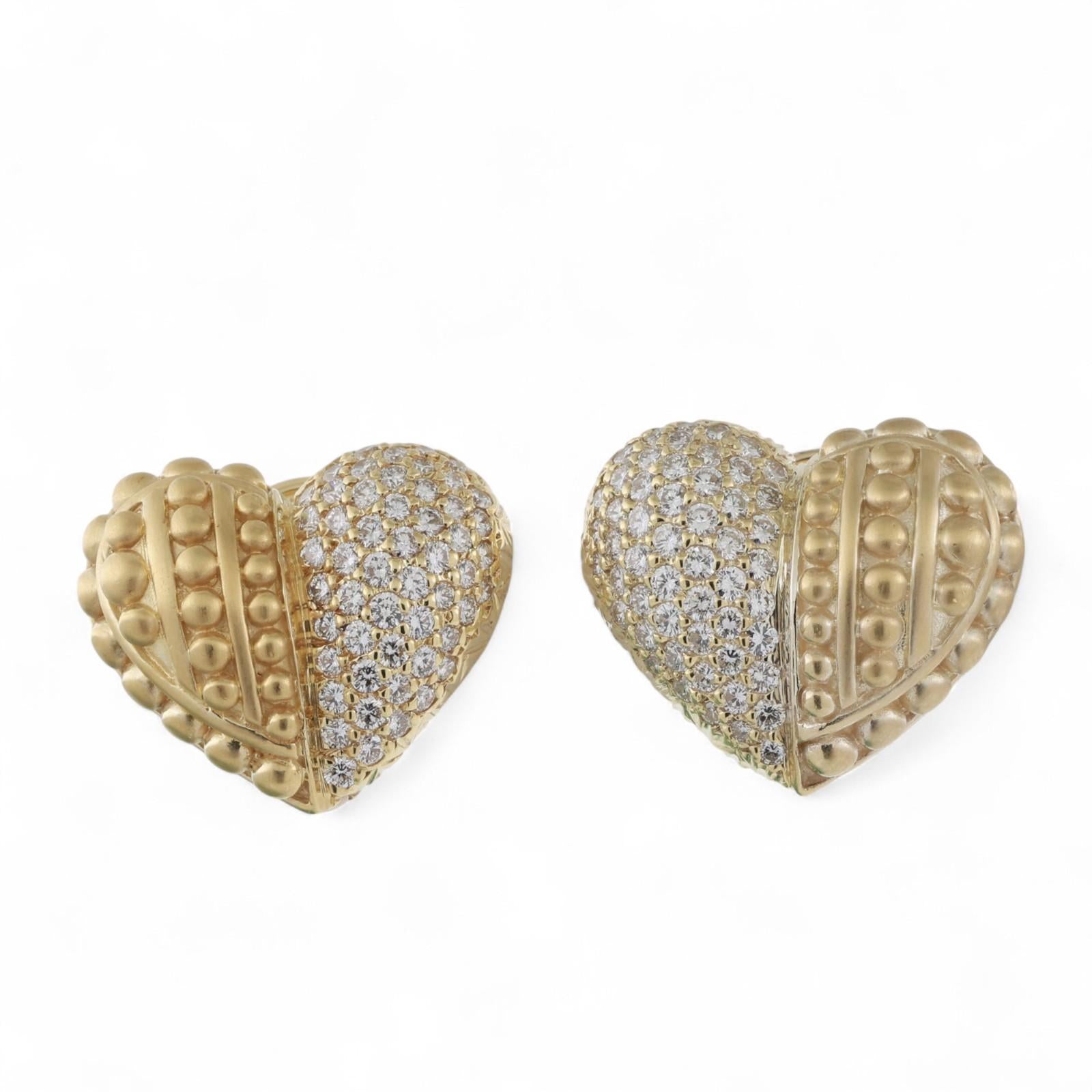 Judith Ripka Diamond Heart Clip On Earrings Omega Backs 18K Gold 2.75 TW 0.75"