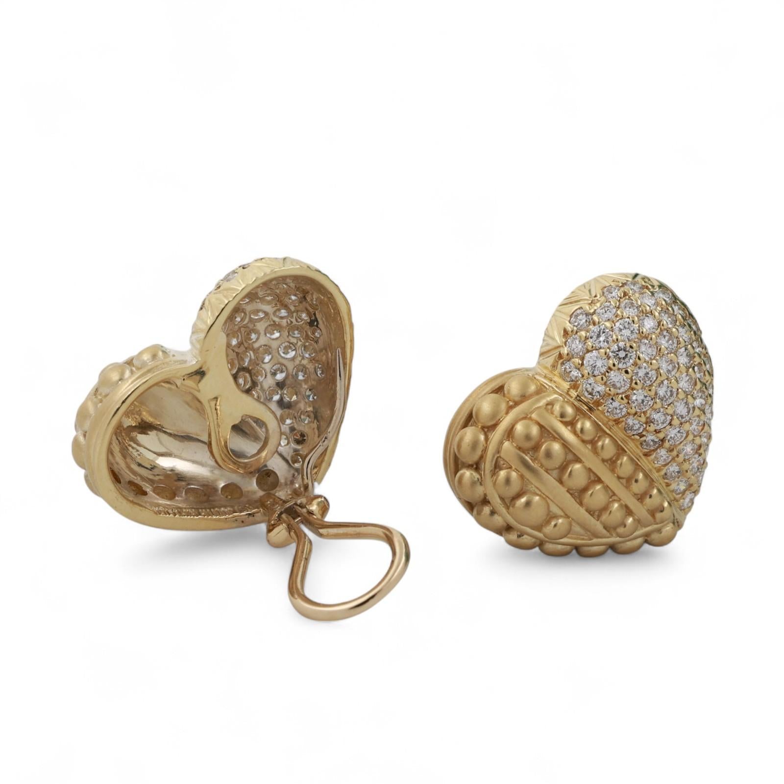 Judith Ripka Diamond Heart Clip On Earrings Omega Backs 18K Gold 2.75 TW 0.75"