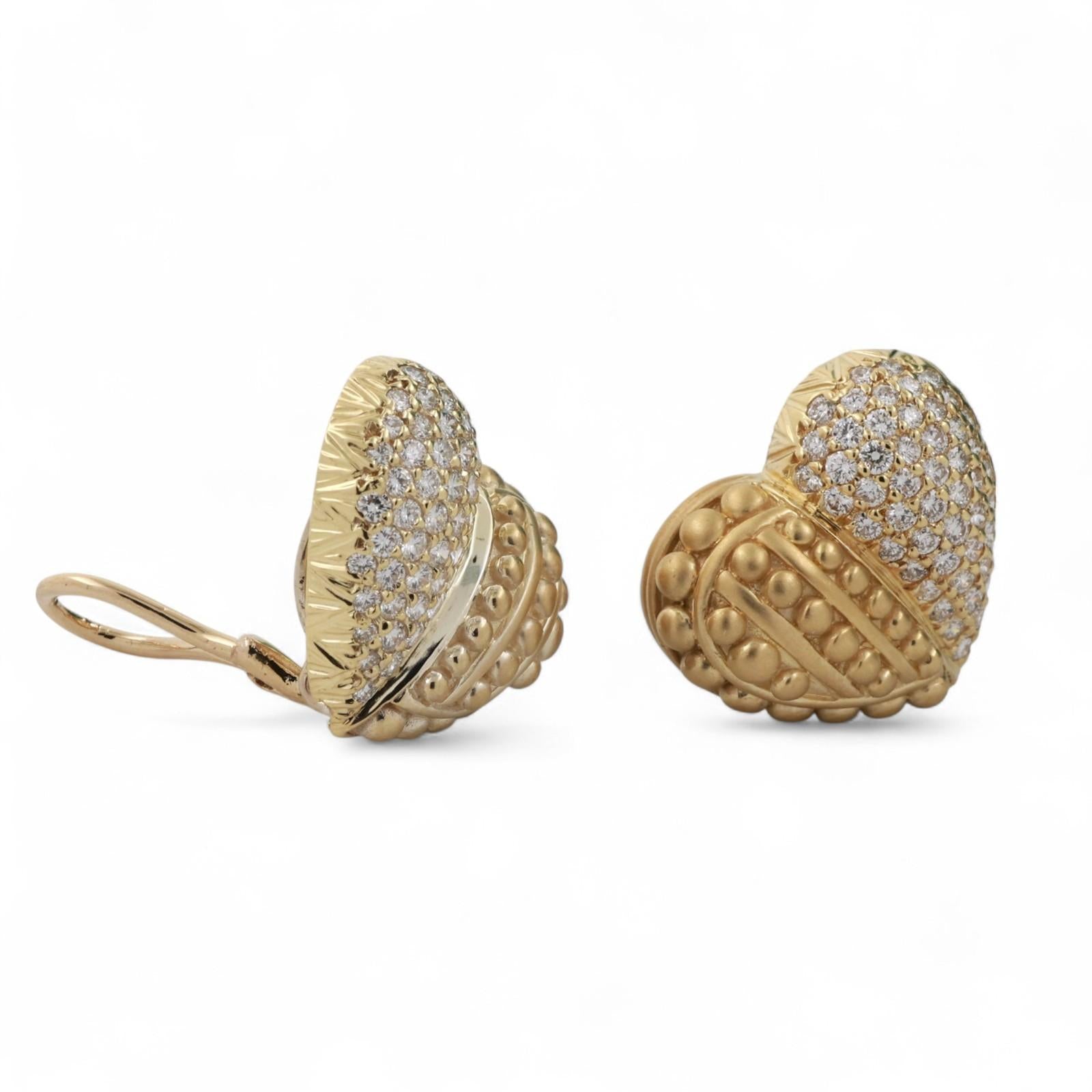 Judith Ripka Diamond Heart Clip On Earrings Omega Backs 18K Gold 2.75 TW 0.75"