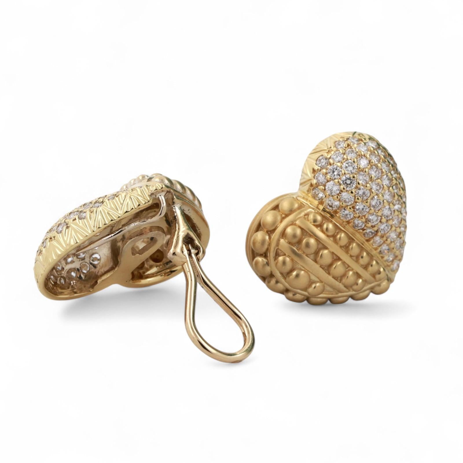Judith Ripka Diamond Heart Clip On Earrings Omega Backs 18K Gold 2.75 TW 0.75"