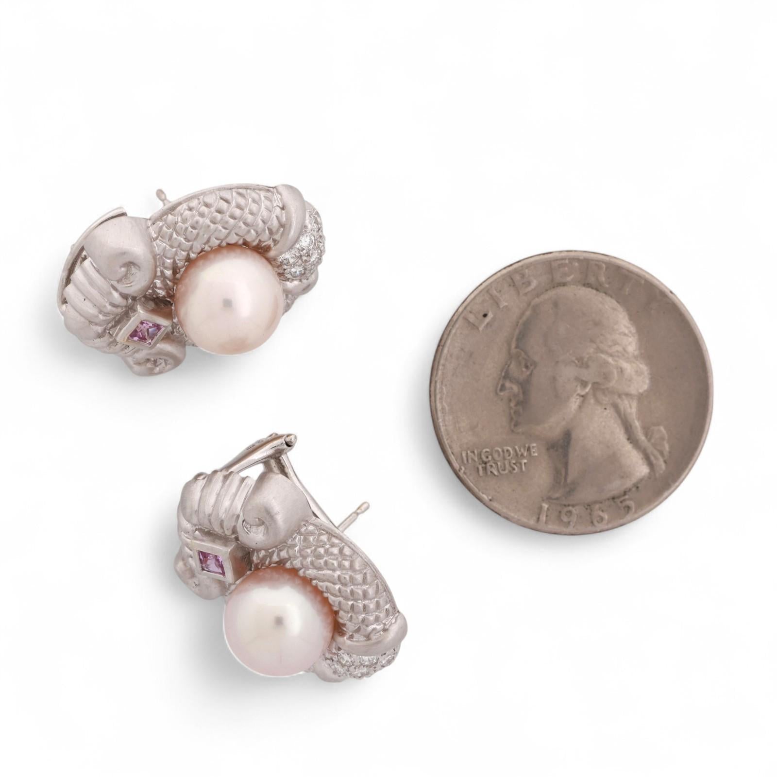 Judith Ripka Akoya Pearl Diamond Pink Topaz Earrings Omega Backs 18K W/G Ladies