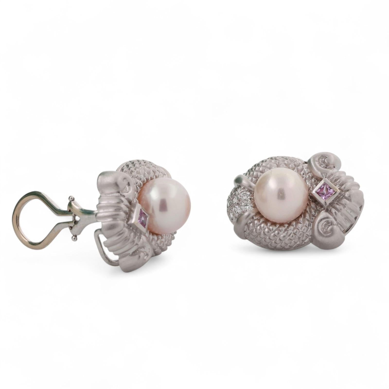 Judith Ripka Akoya Pearl Diamond Pink Topaz Earrings Omega Backs 18K W/G Ladies