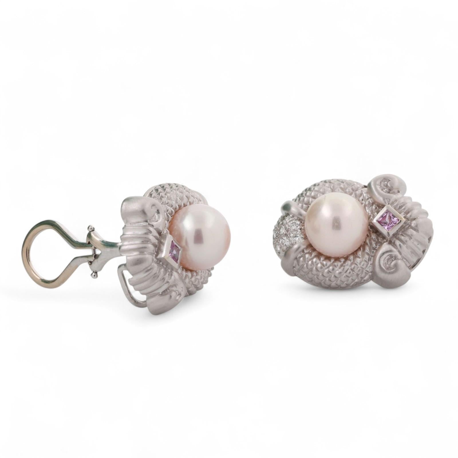 Judith Ripka Akoya Pearl Diamond Pink Topaz Earrings Omega Backs 18K W/G Ladies