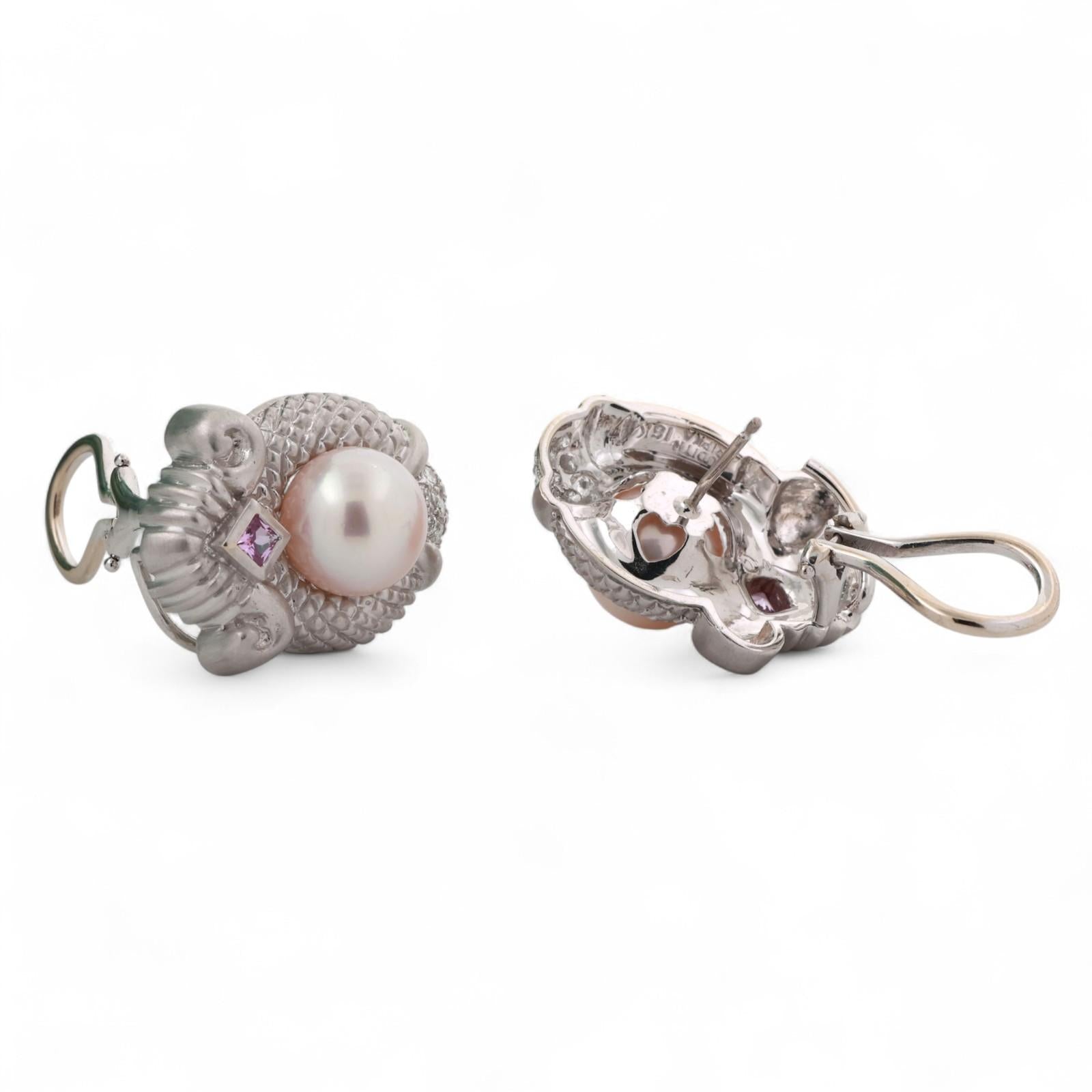 Judith Ripka Akoya Pearl Diamond Pink Topaz Earrings Omega Backs 18K W/G Ladies