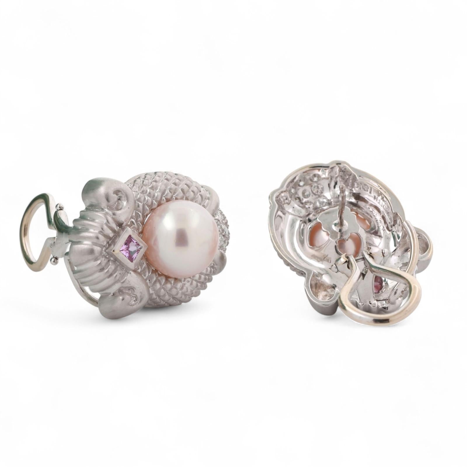 Judith Ripka Akoya Pearl Diamond Pink Topaz Earrings Omega Backs 18K W/G Ladies