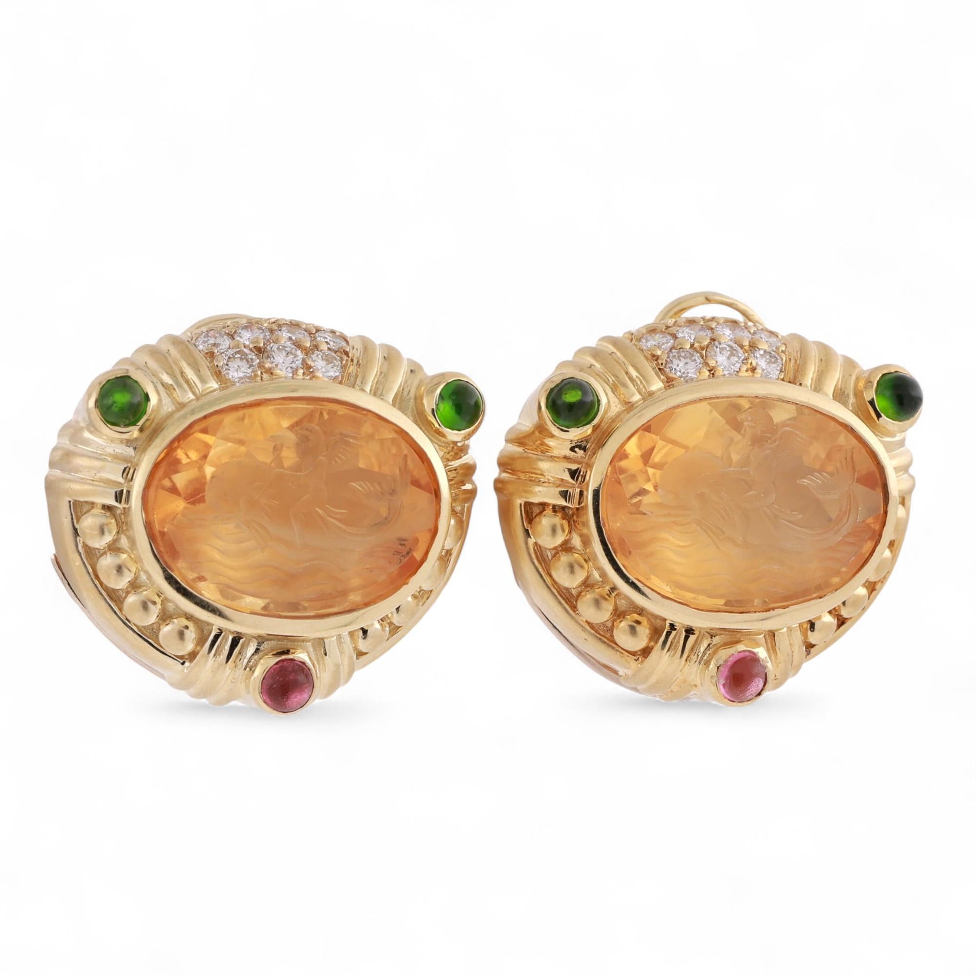 Judith Ripka Carved Citrine Diamond Gems Clip On Earrings 18K Yellow Gold 0.85"
