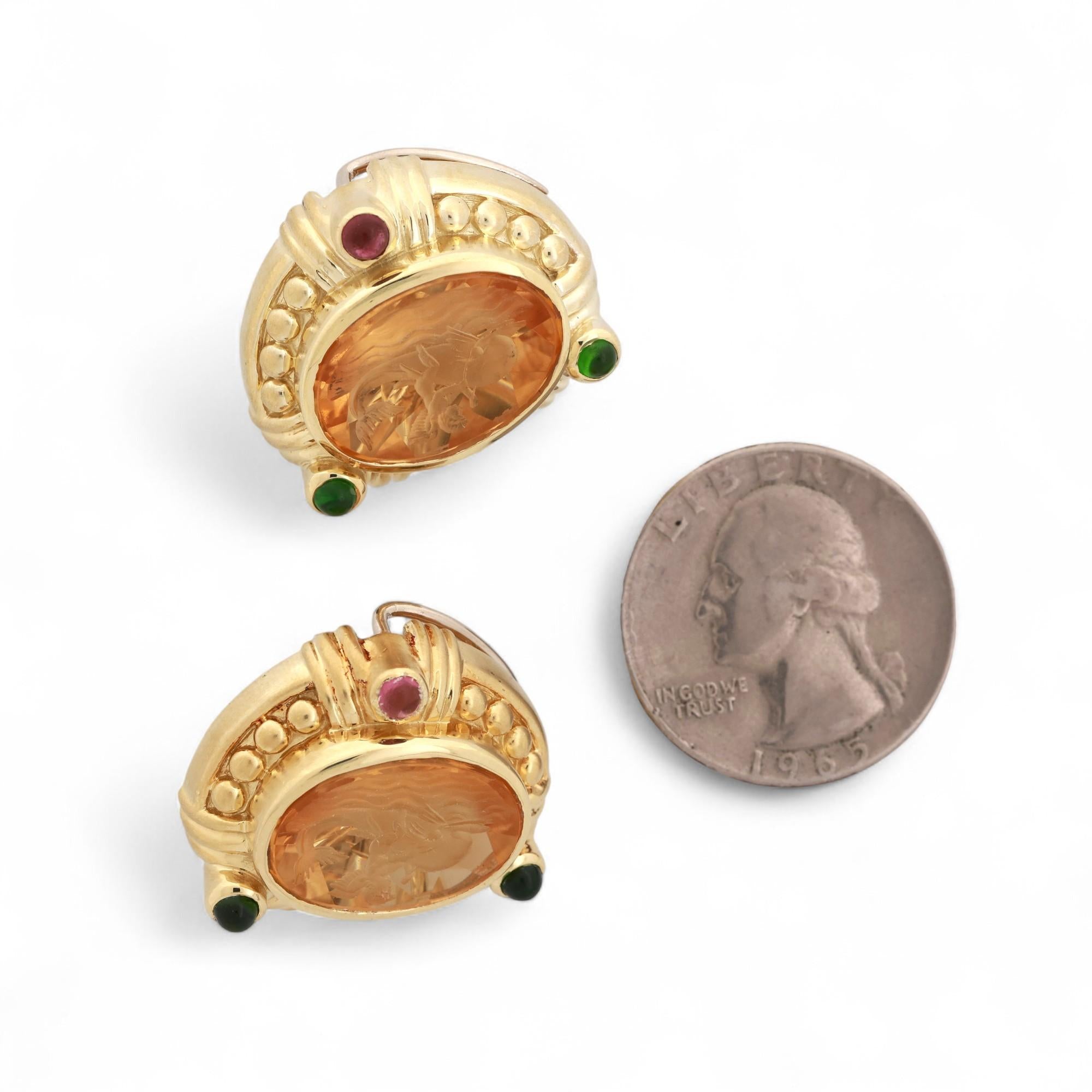 Judith Ripka Carved Citrine Diamond Gems Clip On Earrings 18K Yellow Gold 0.85"