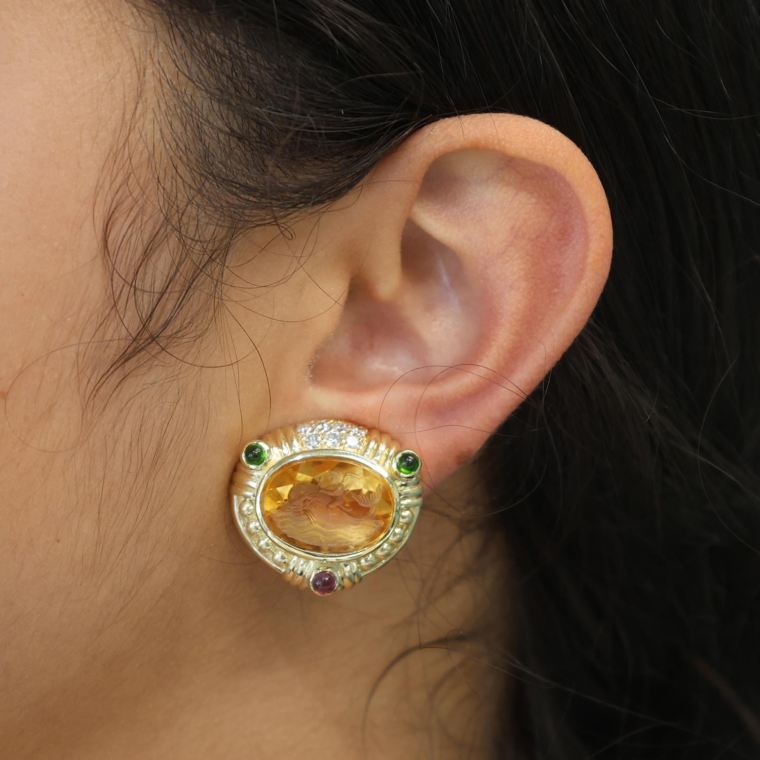 Judith Ripka Carved Citrine Diamond Gems Clip On Earrings 18K Yellow Gold 0.85"