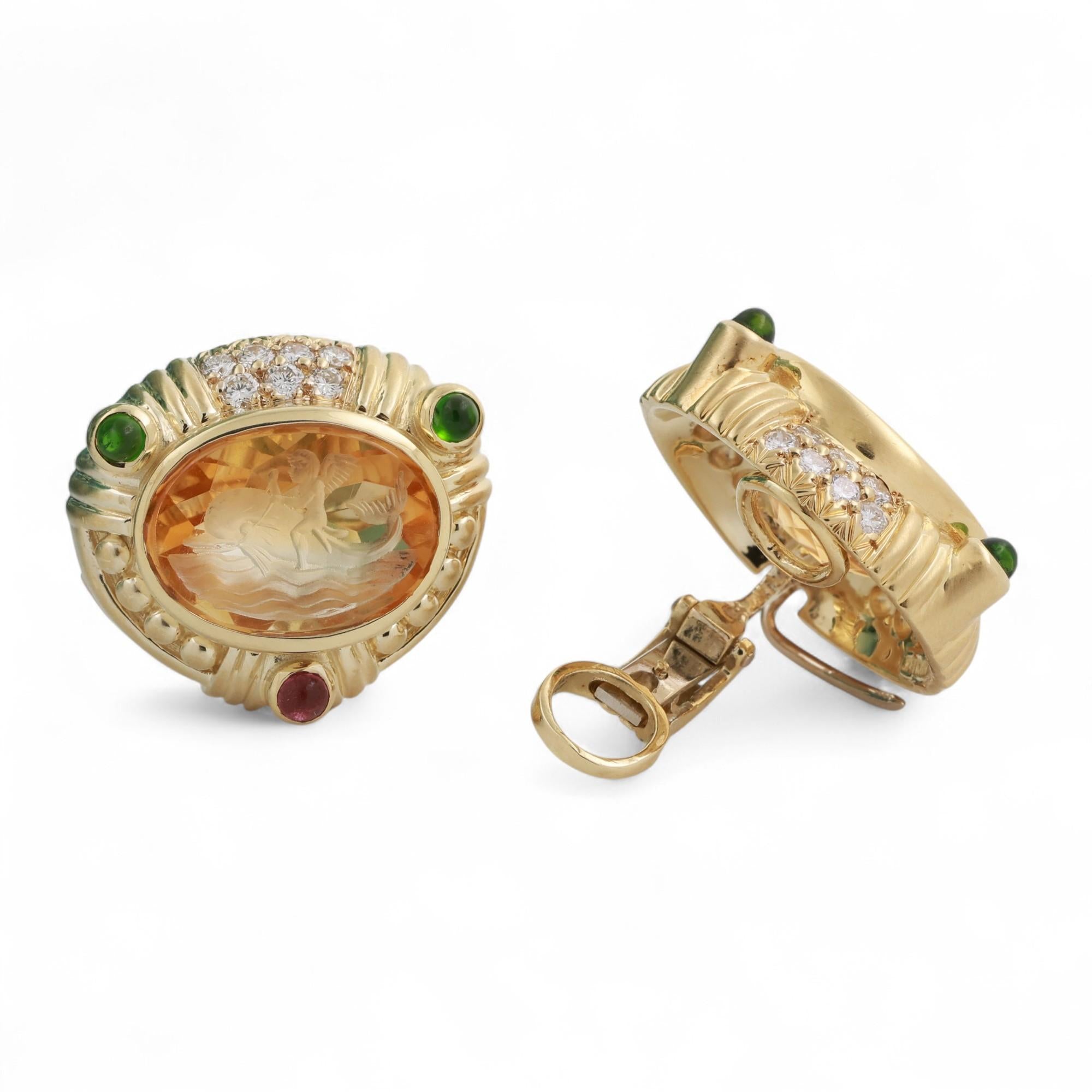 Judith Ripka Carved Citrine Diamond Gems Clip On Earrings 18K Yellow Gold 0.85"