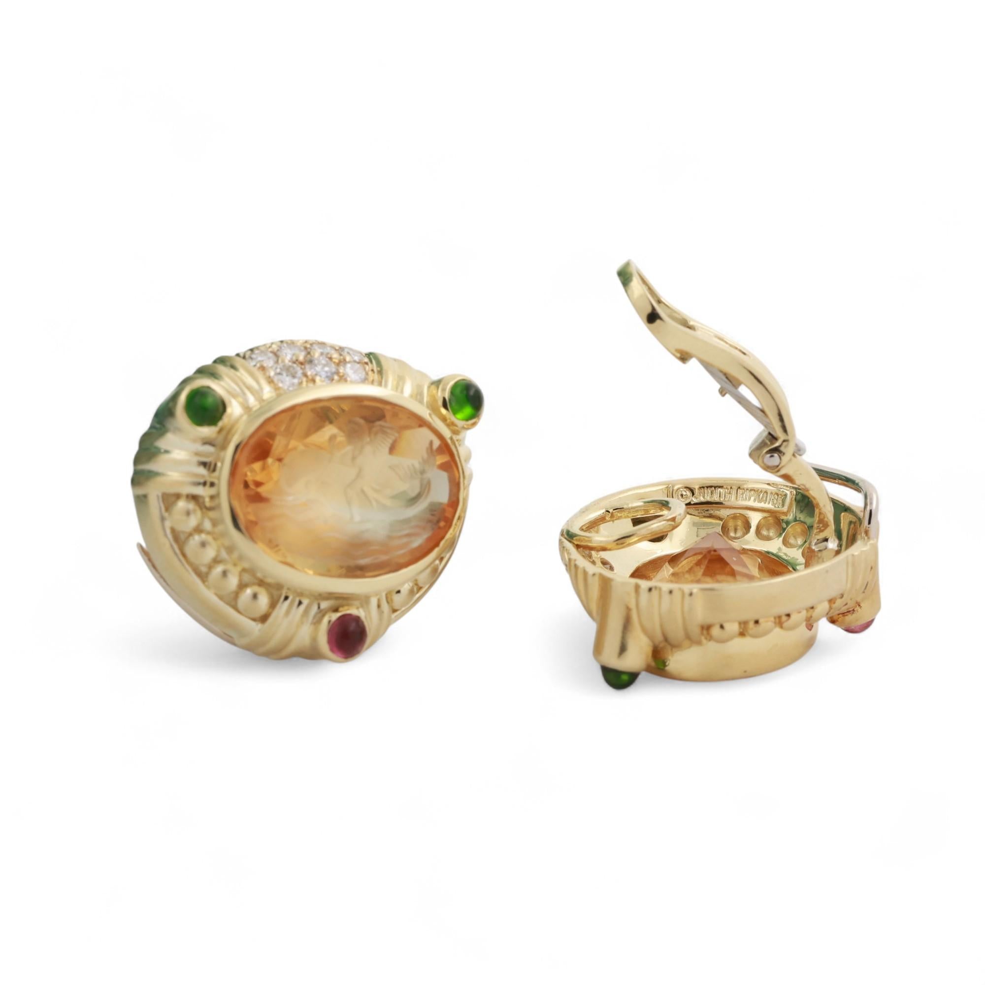 Judith Ripka Carved Citrine Diamond Gems Clip On Earrings 18K Yellow Gold 0.85"
