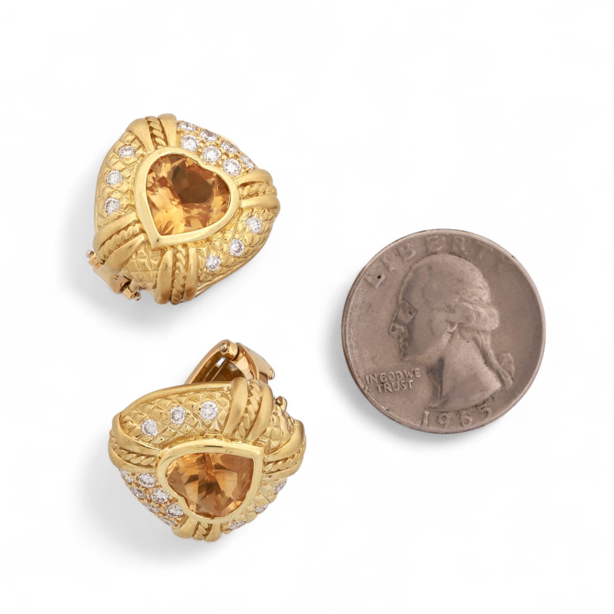Judith Ripka Heart Citrine Diamond Clip On Earrings 18K Yellow Gold 7.85TW 0.78"